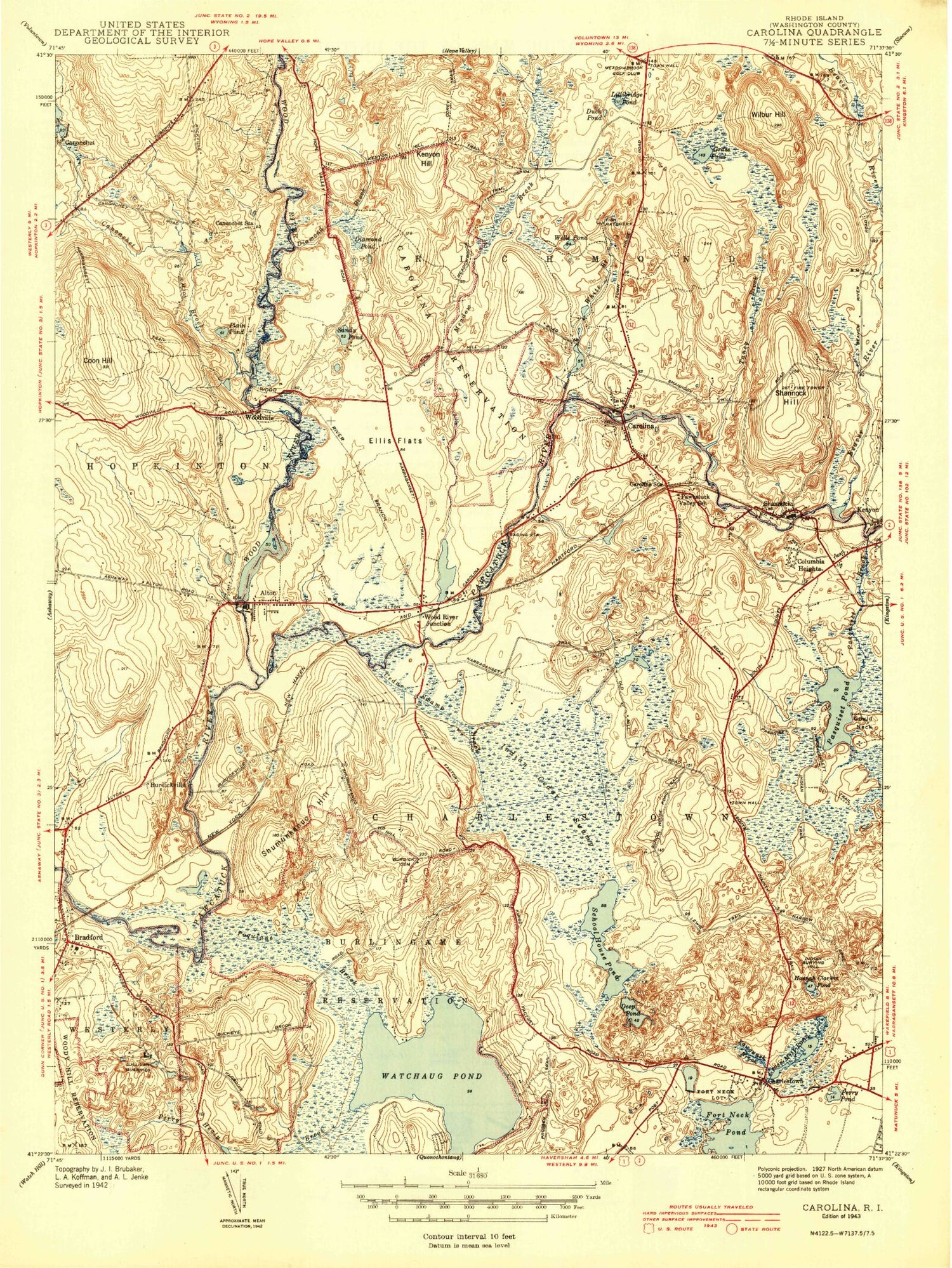 Classic USGS Carolina Rhode Island 7.5'x7.5' Topo Map Image