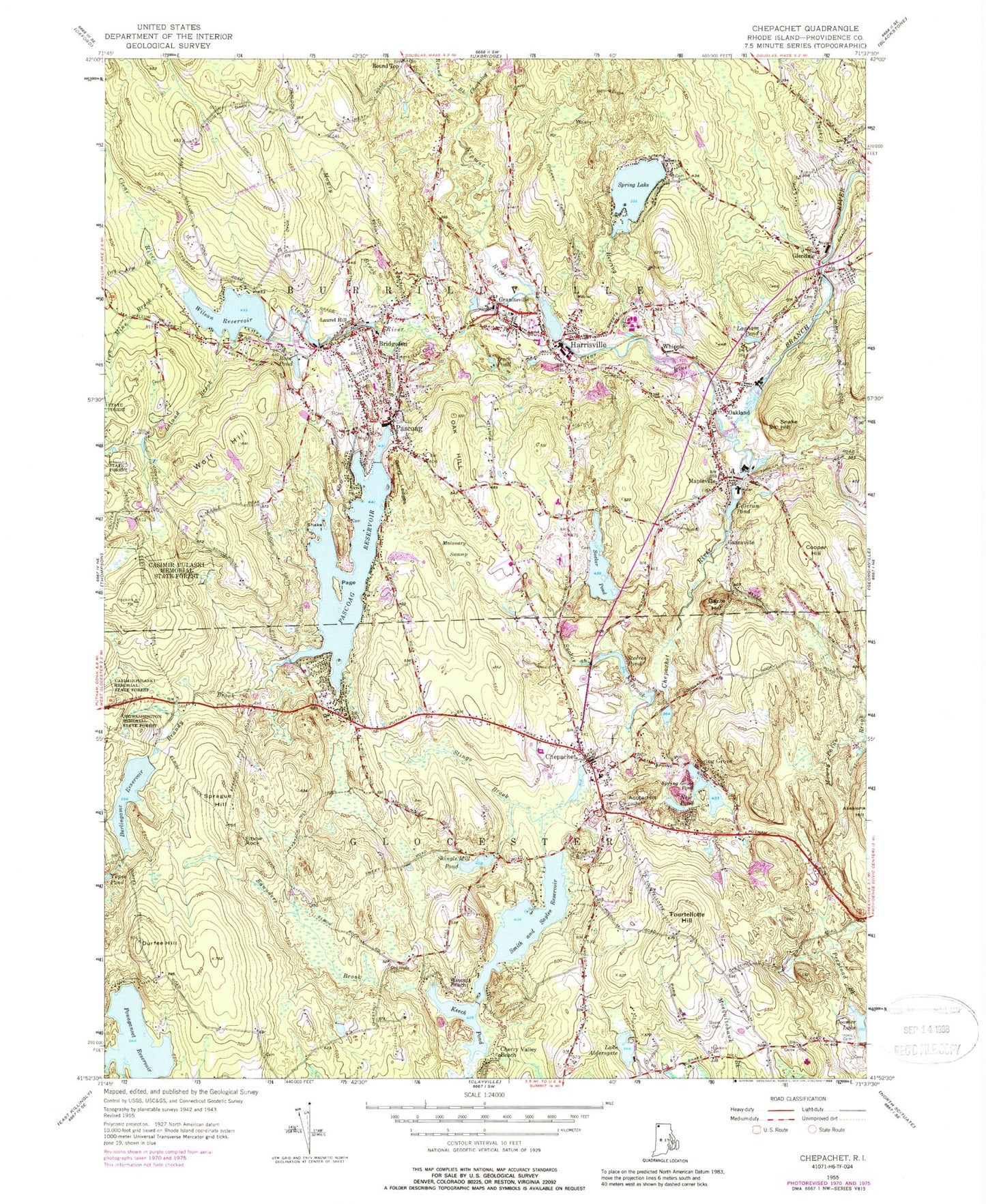 Classic USGS Chepachet Rhode Island 7.5'x7.5' Topo Map Image