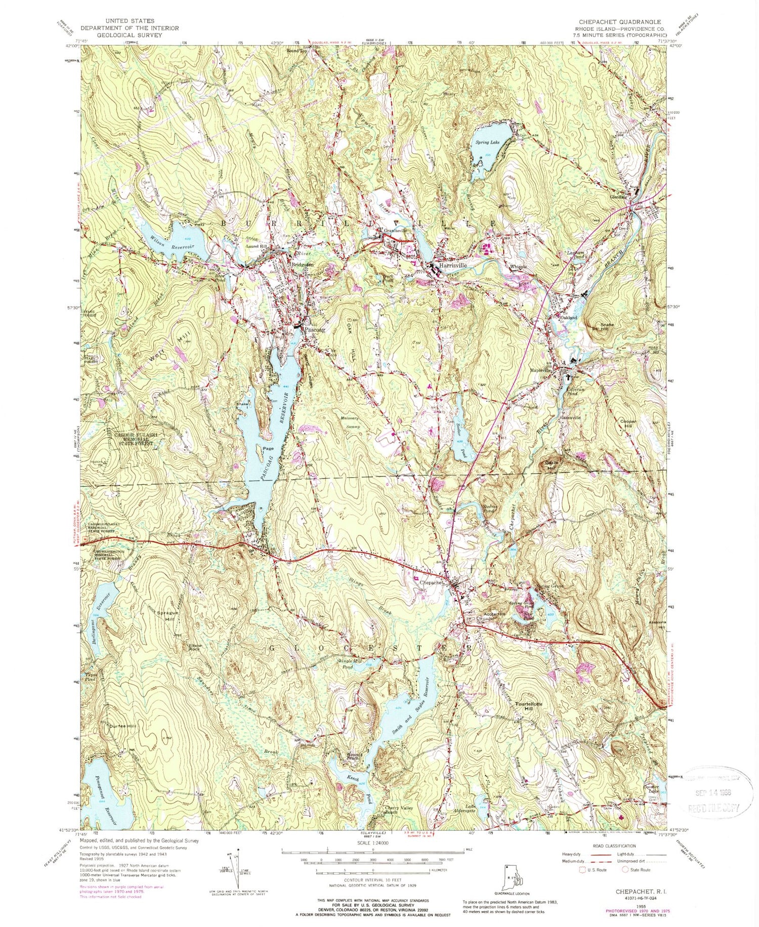 Classic USGS Chepachet Rhode Island 7.5'x7.5' Topo Map Image