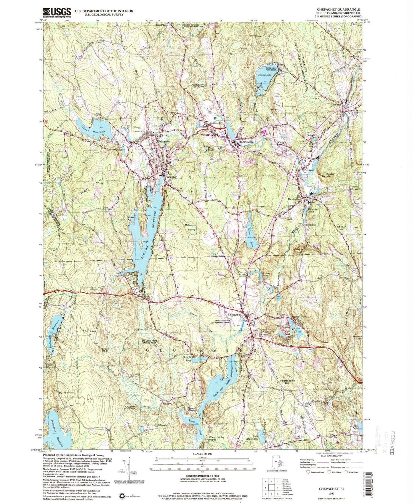 Classic USGS Chepachet Rhode Island 7.5'x7.5' Topo Map Image