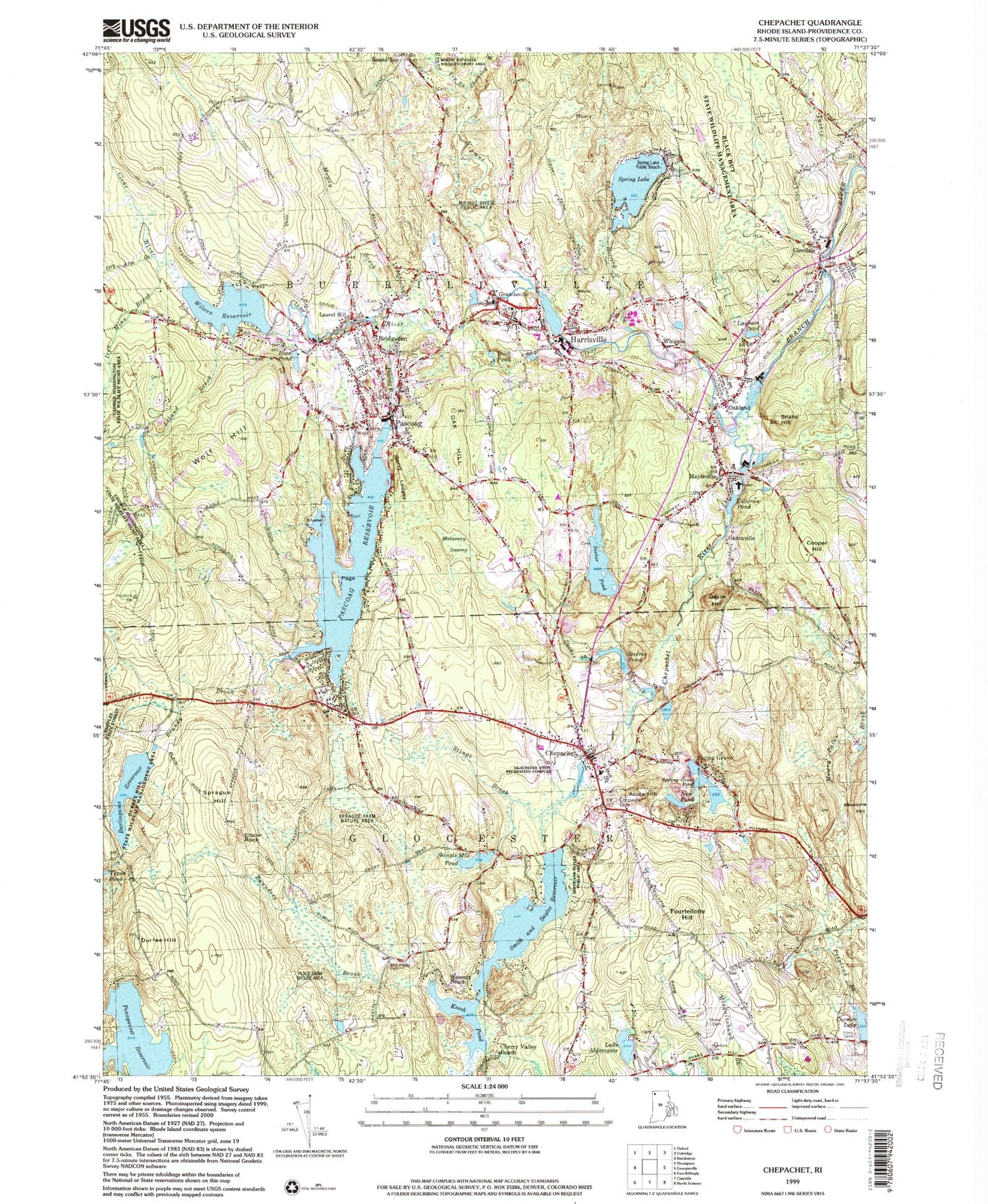 Classic USGS Chepachet Rhode Island 7.5'x7.5' Topo Map Image
