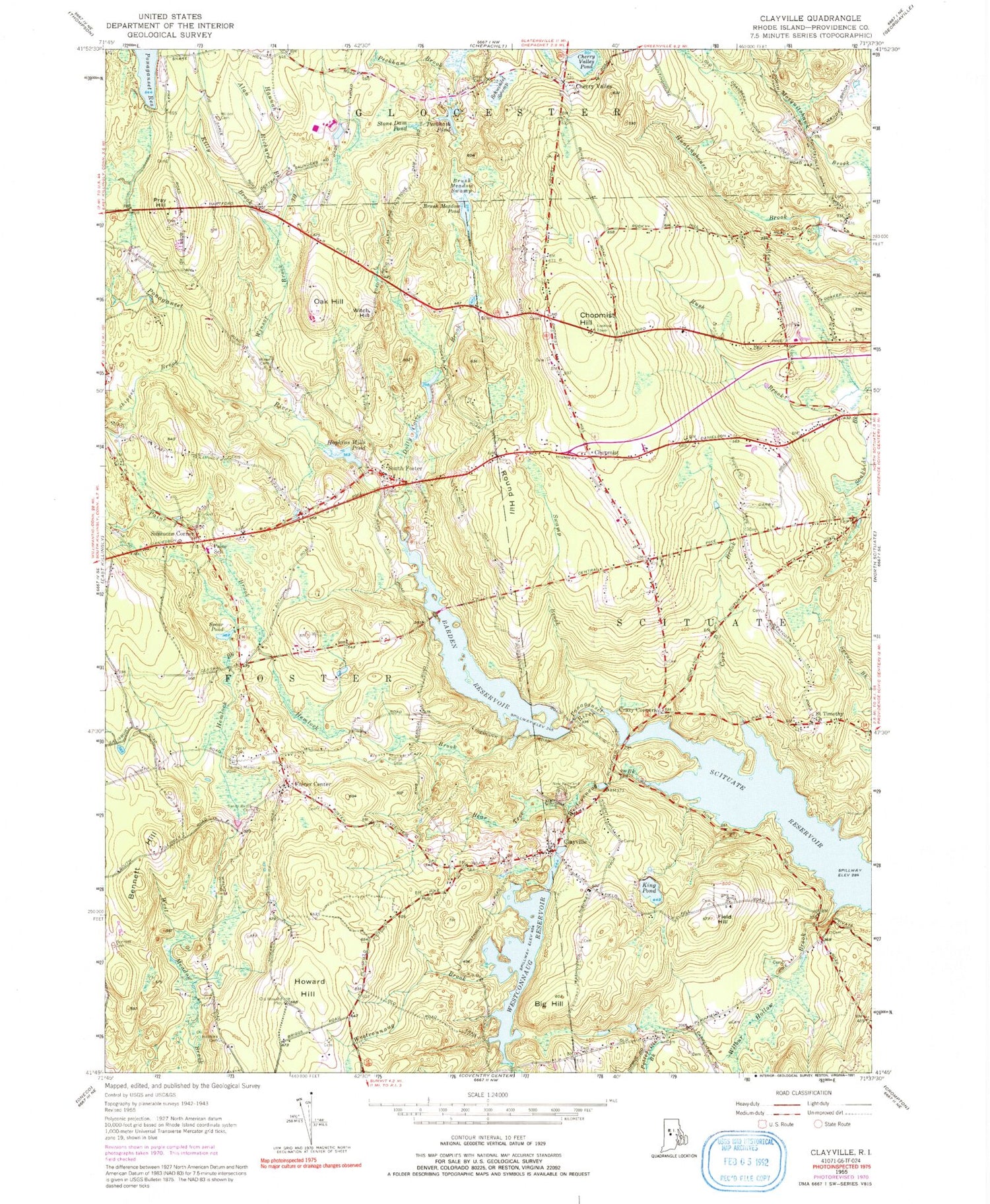 Classic USGS Clayville Rhode Island 7.5'x7.5' Topo Map Image