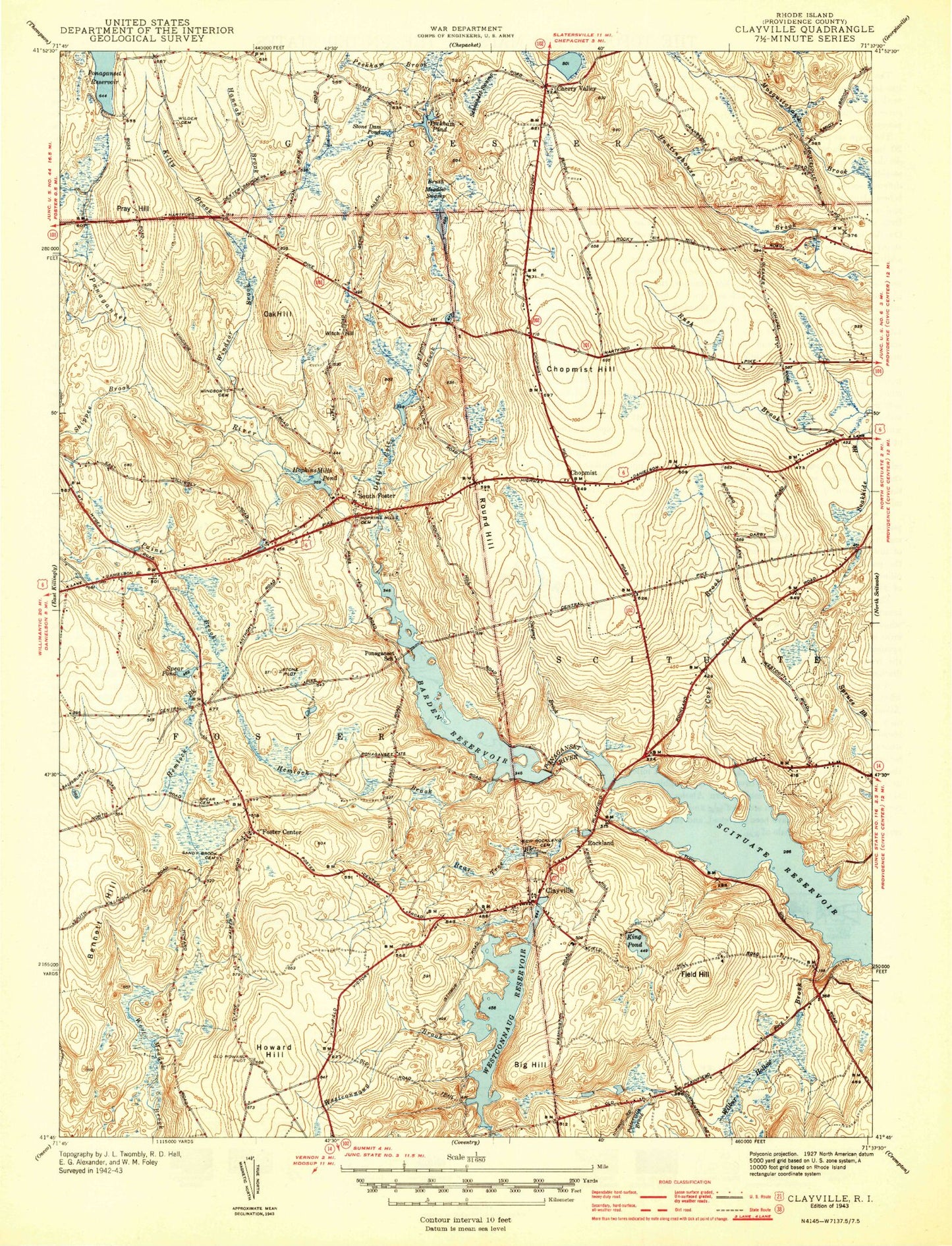 Classic USGS Clayville Rhode Island 7.5'x7.5' Topo Map Image