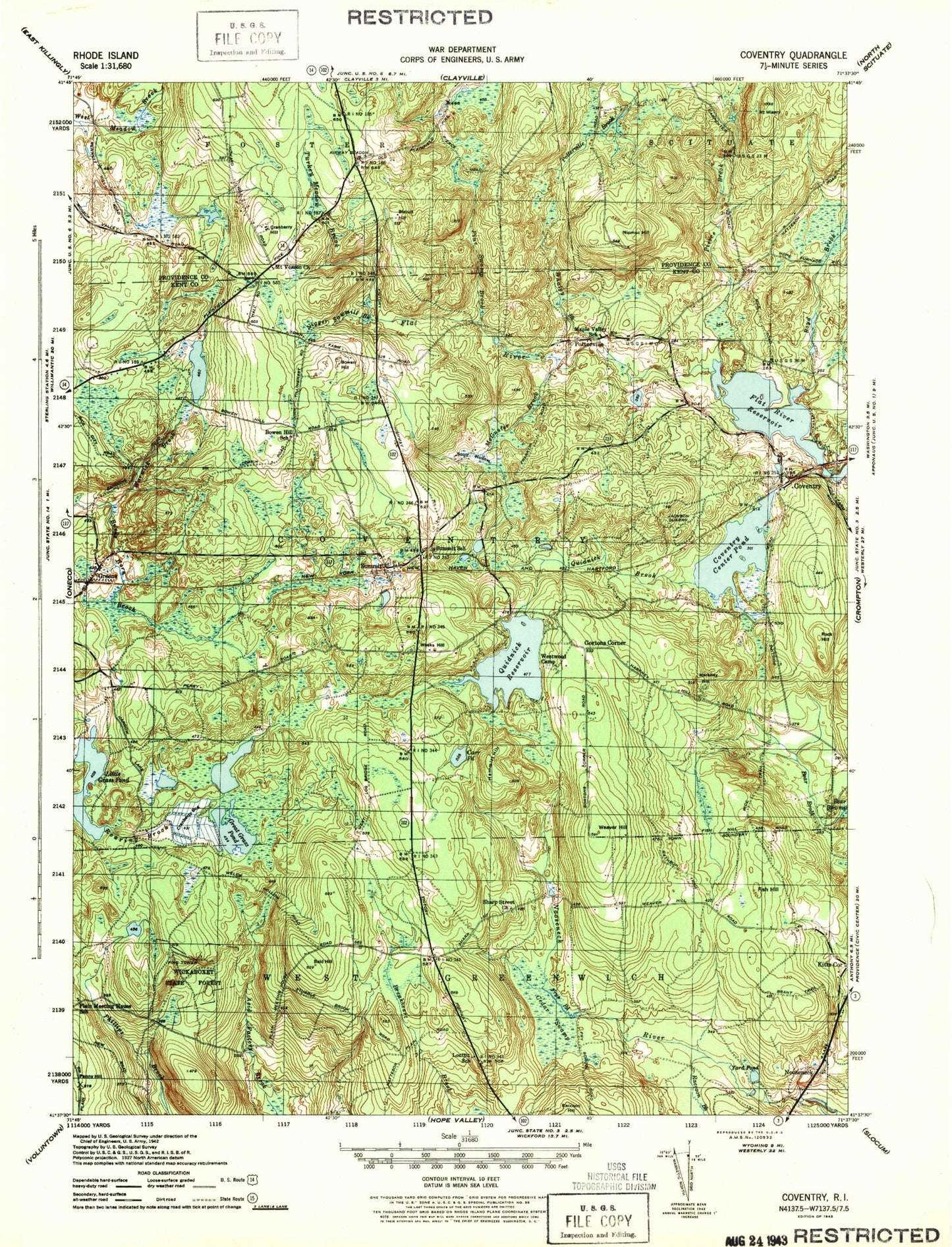 Classic USGS Coventry Center Rhode Island 7.5'x7.5' Topo Map Image