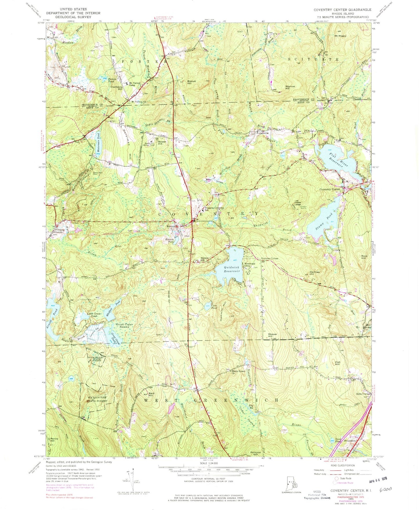 Classic USGS Coventry Center Rhode Island 7.5'x7.5' Topo Map Image