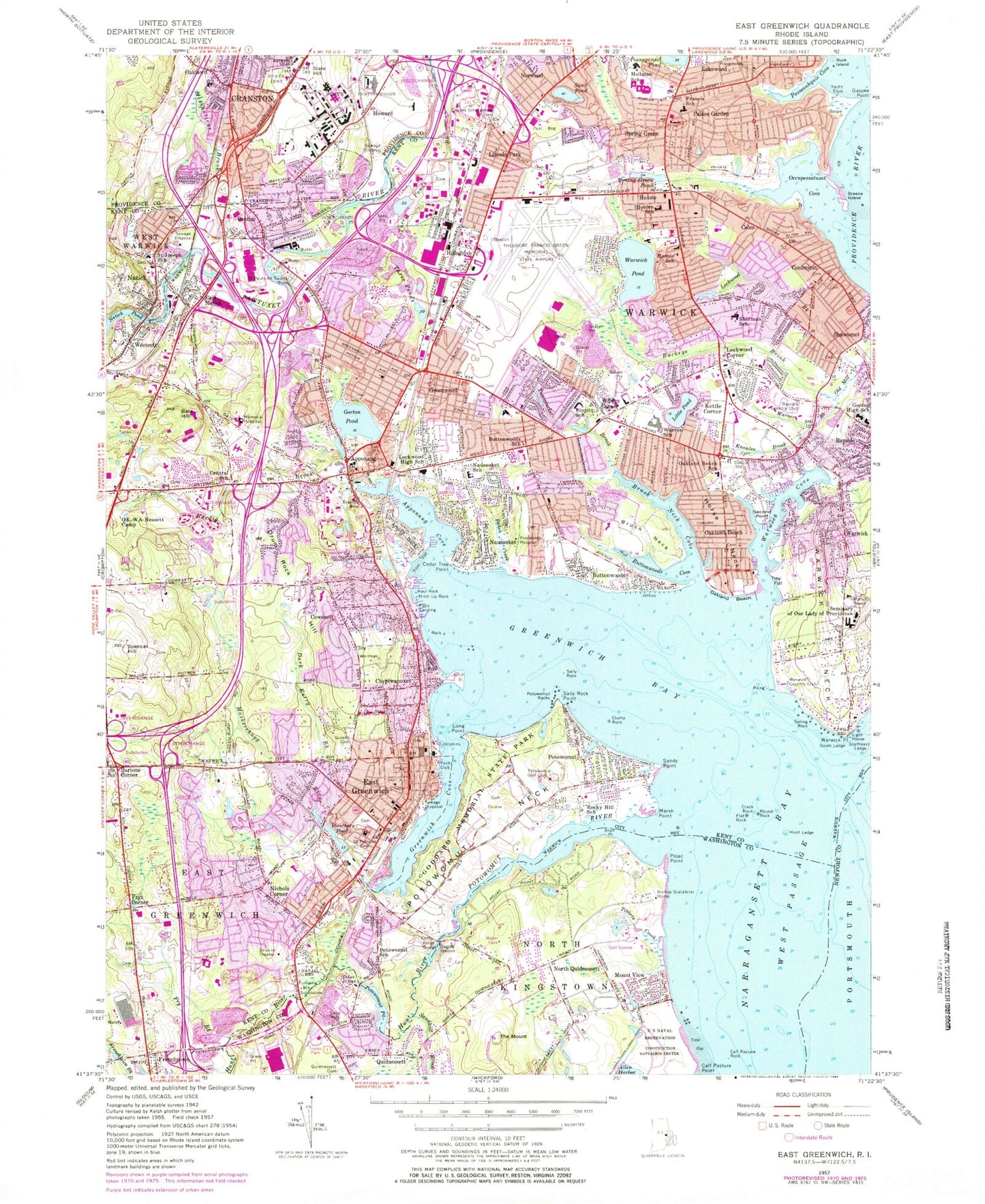Classic USGS East Greenwich Rhode Island 7.5'x7.5' Topo Map Image