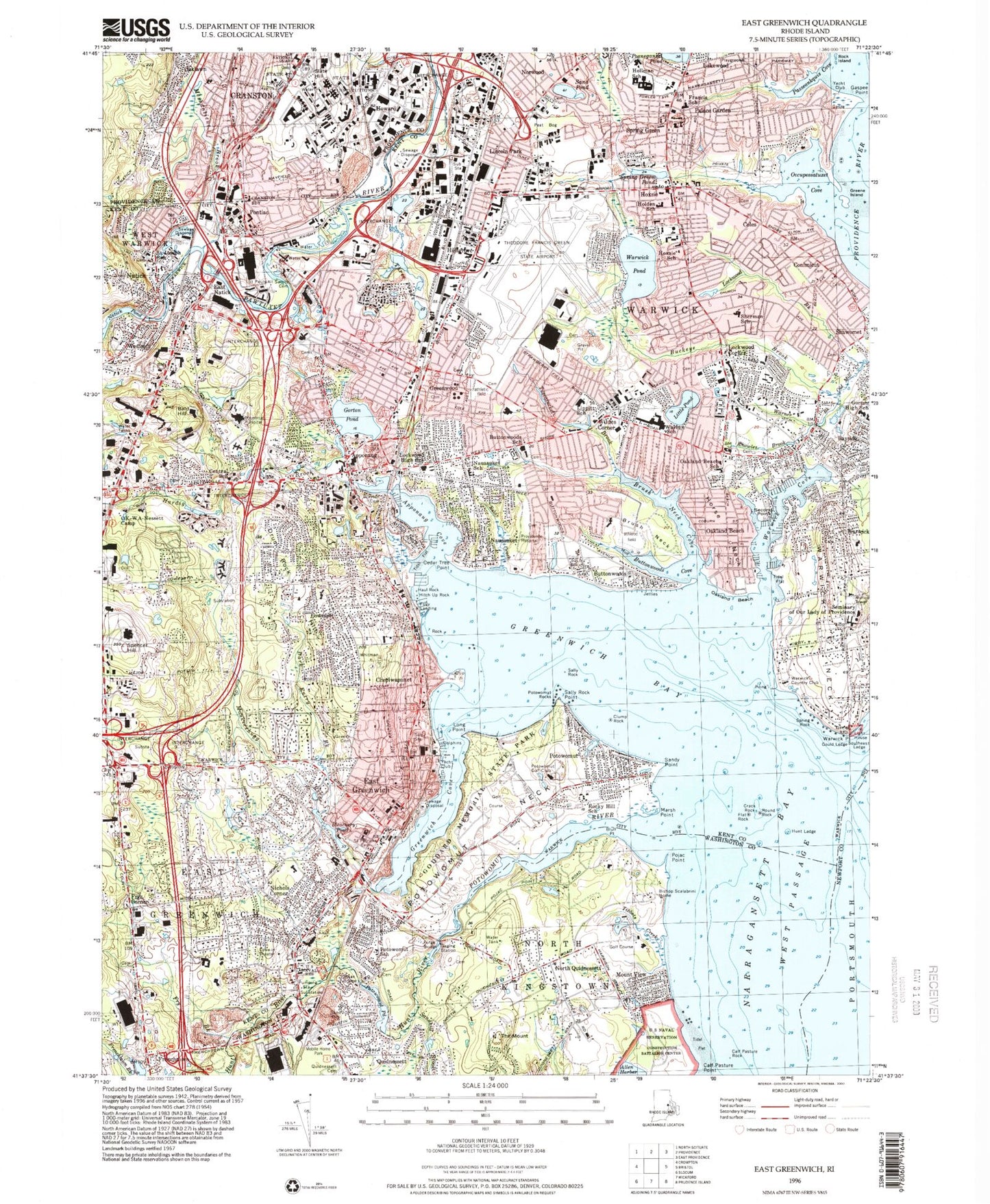 Classic USGS East Greenwich Rhode Island 7.5'x7.5' Topo Map Image