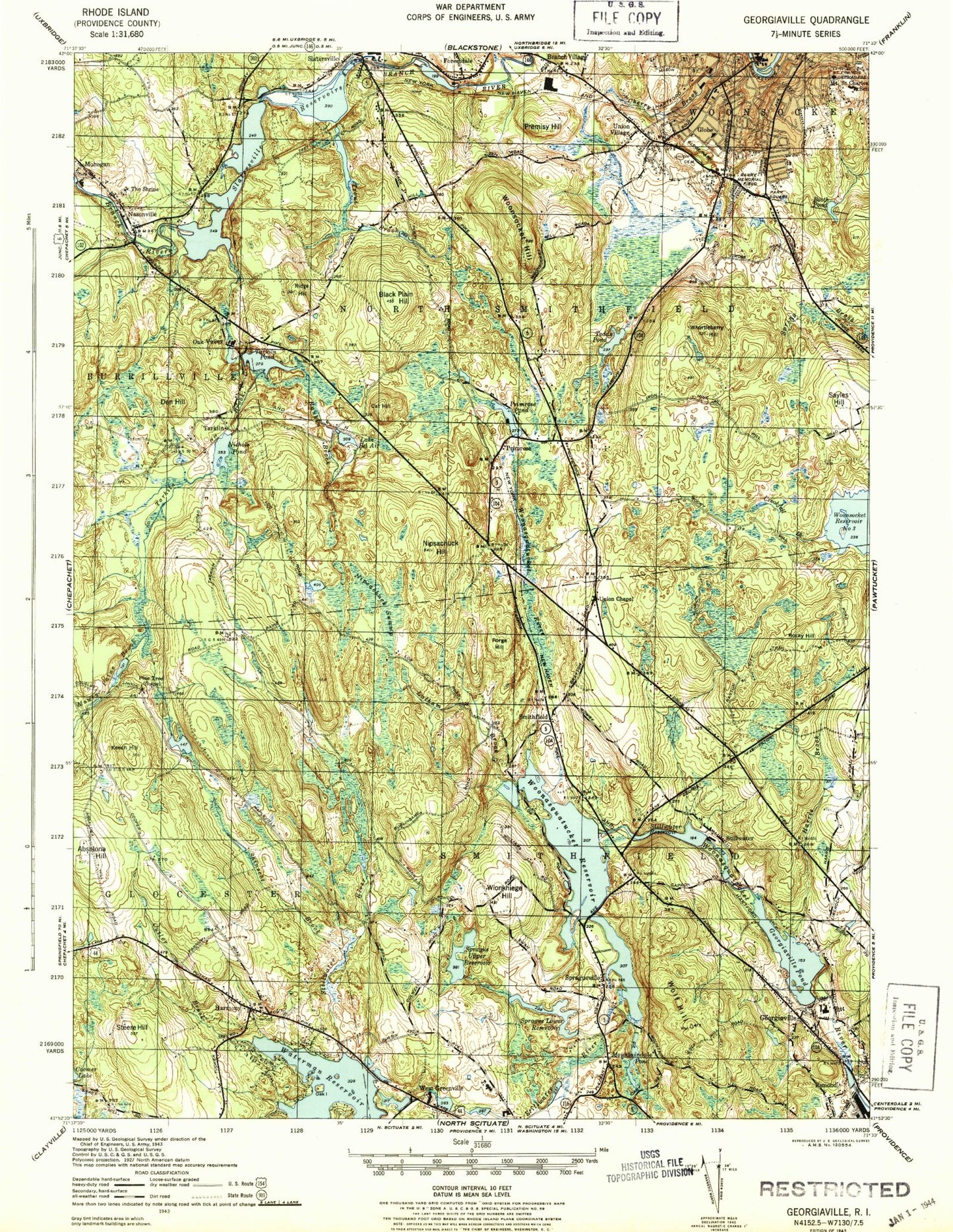 Classic USGS Georgiaville Rhode Island 7.5'x7.5' Topo Map Image