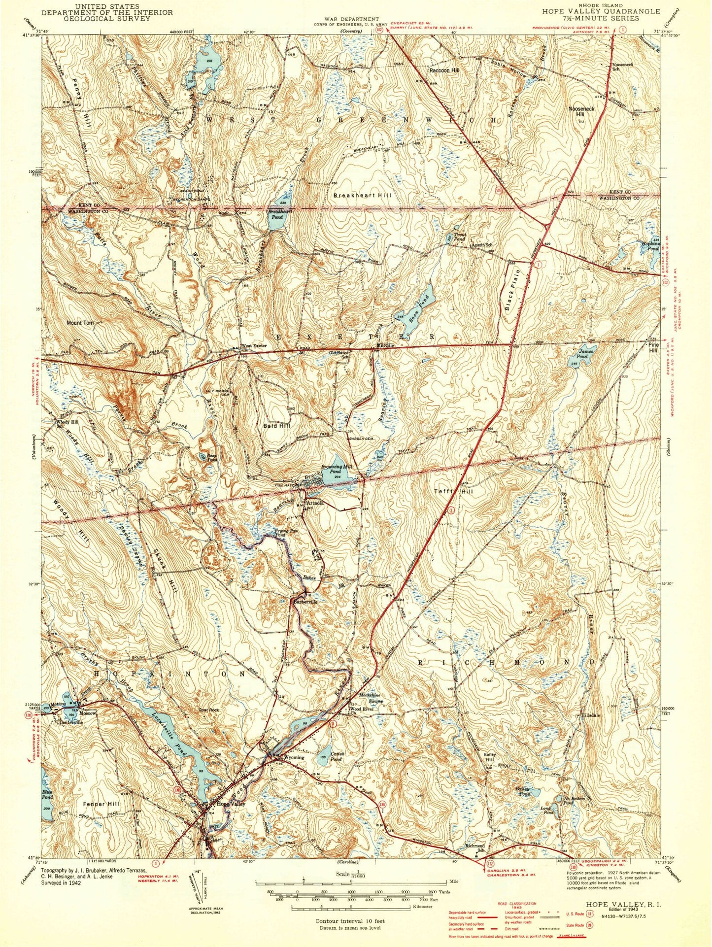 Classic USGS Hope Valley Rhode Island 7.5'x7.5' Topo Map Image