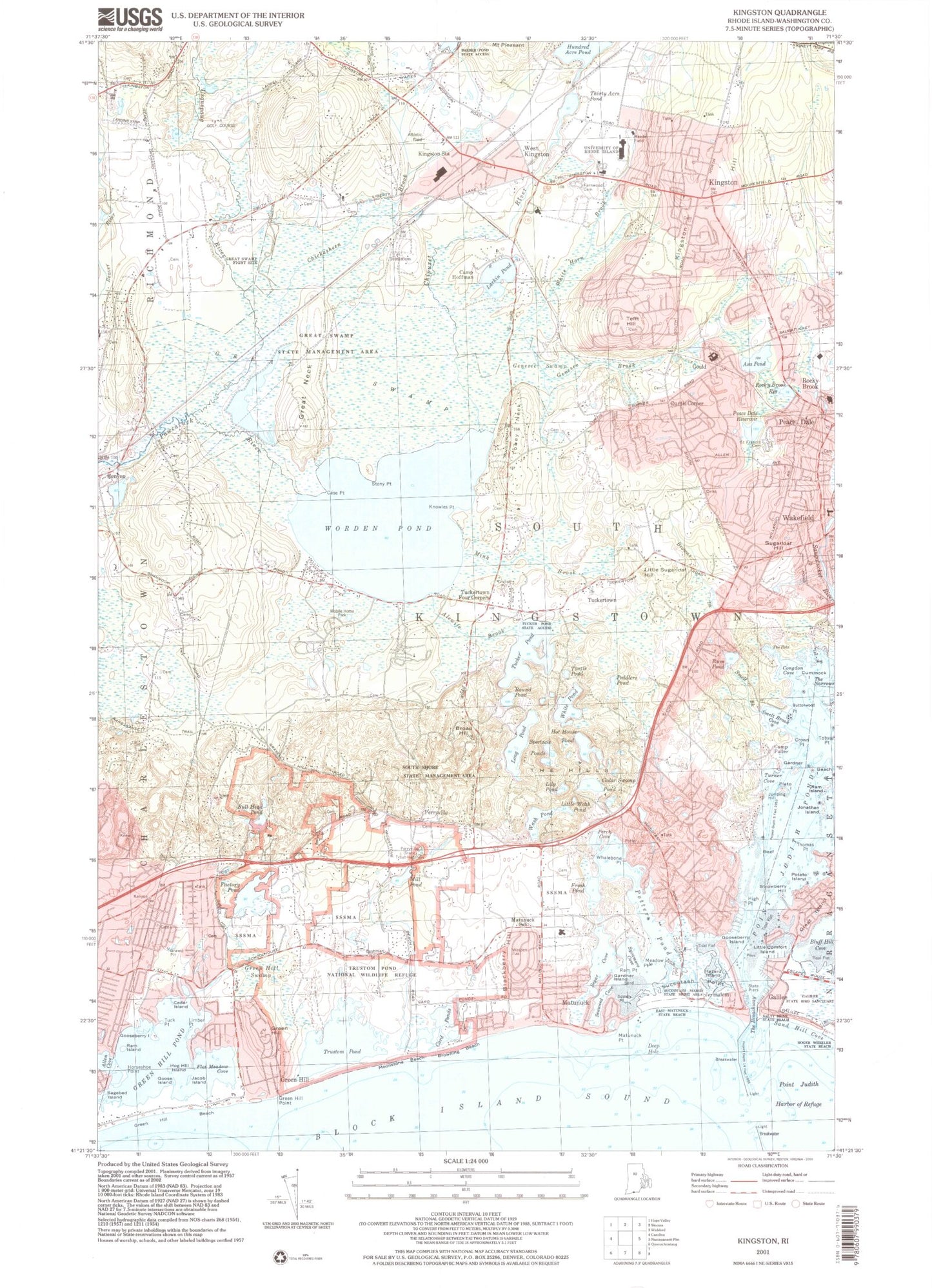 Classic USGS Kingston Rhode Island 7.5'x7.5' Topo Map Image