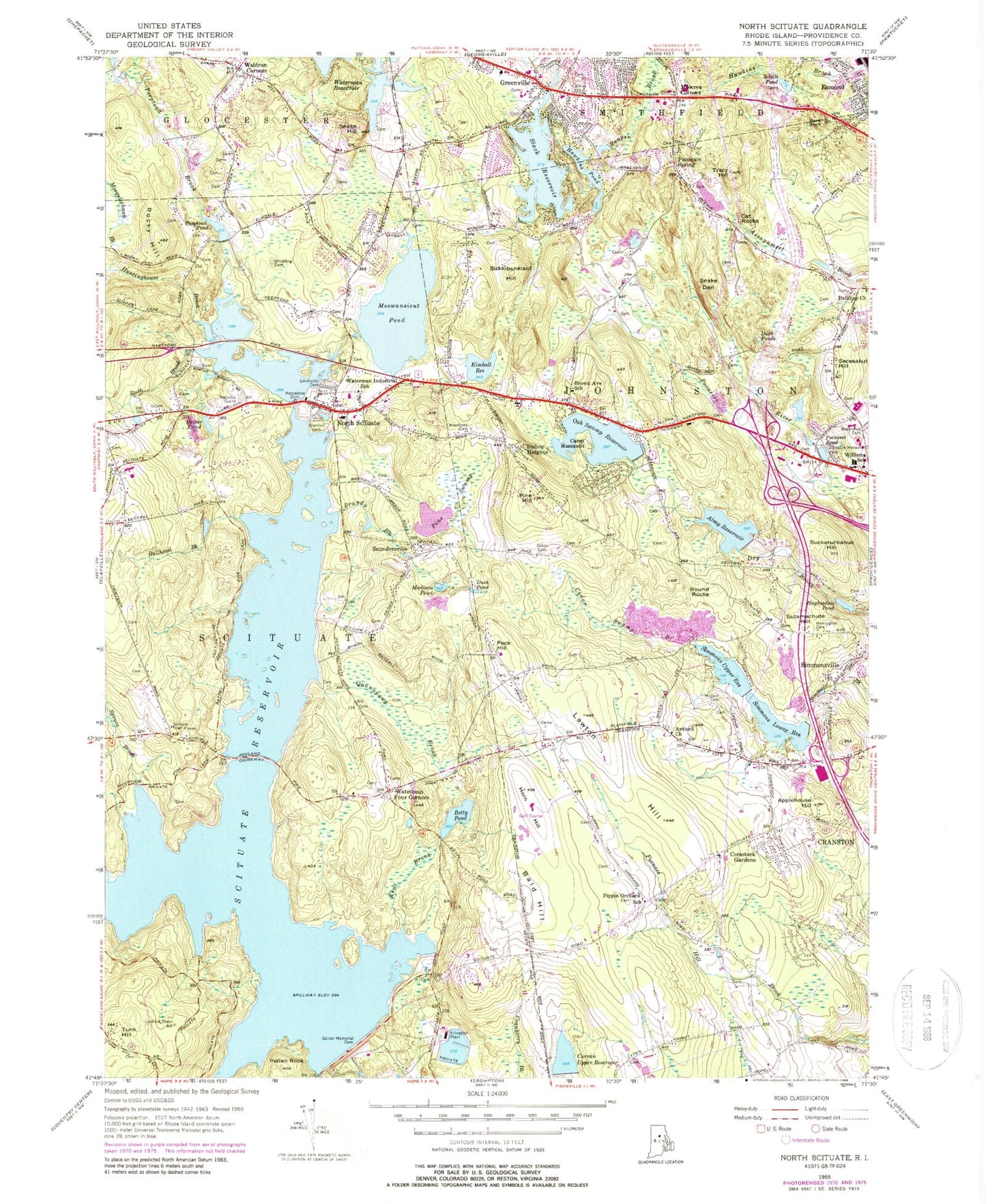 Classic USGS North Scituate Rhode Island 7.5'x7.5' Topo Map Image