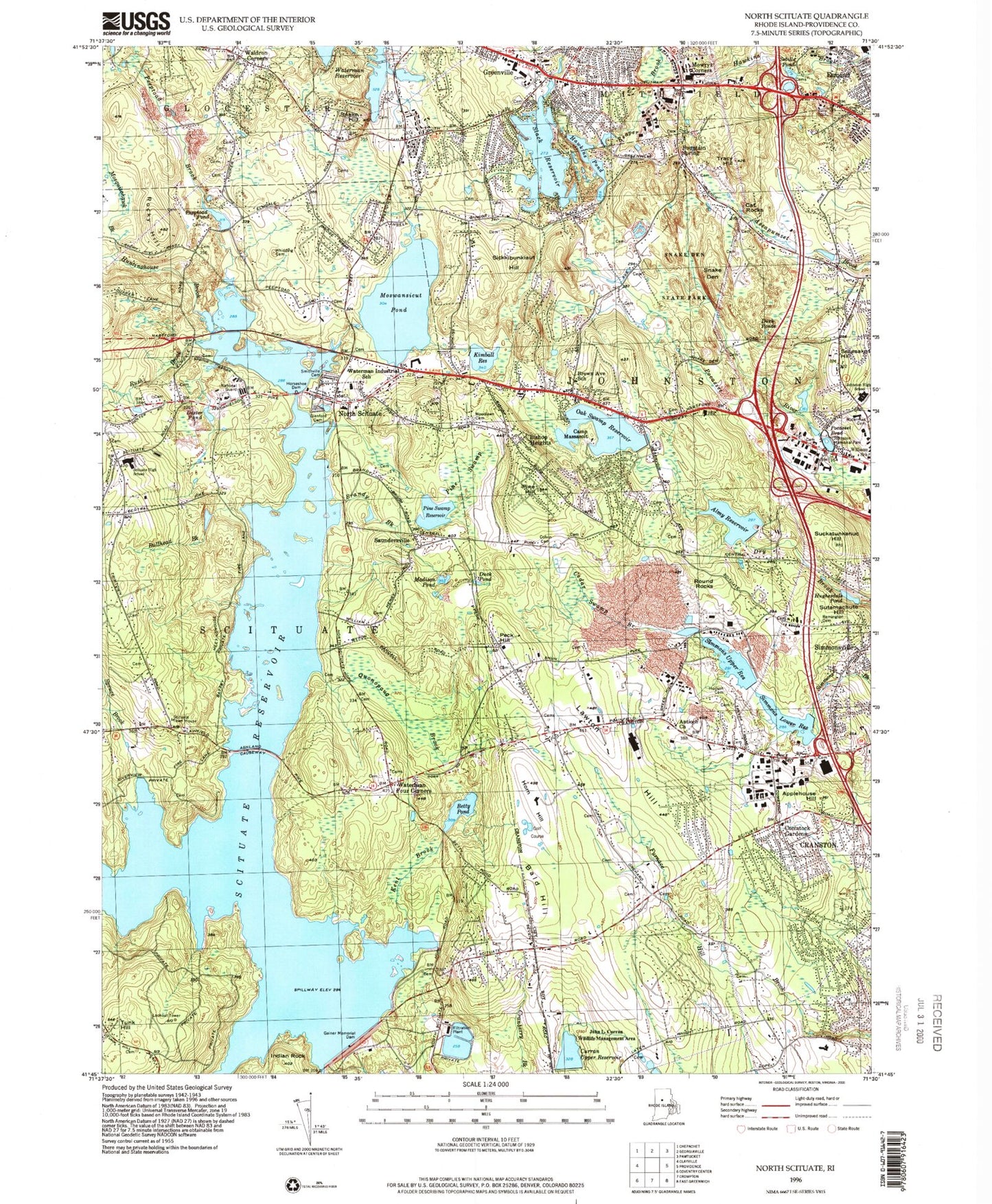 Classic USGS North Scituate Rhode Island 7.5'x7.5' Topo Map Image