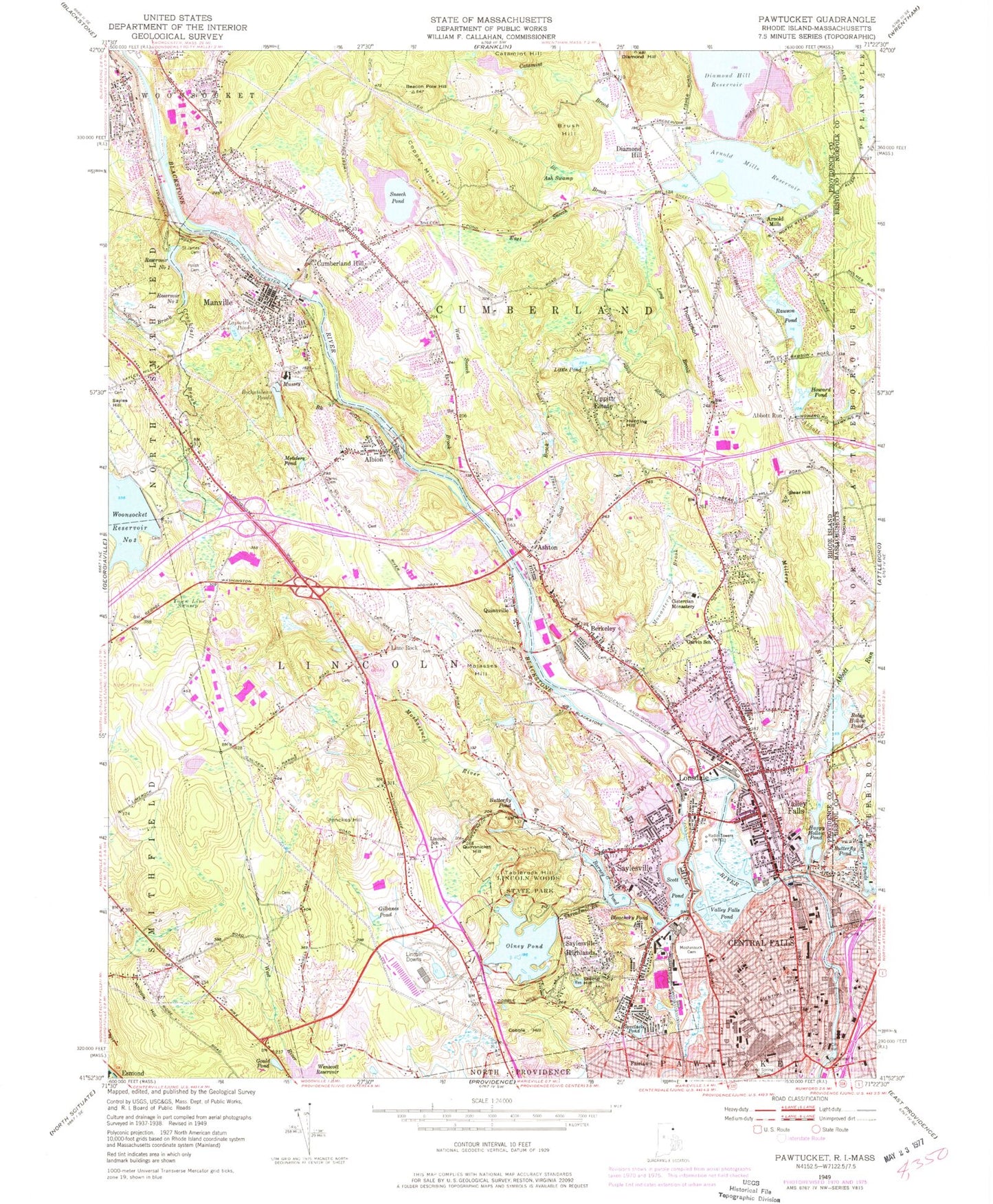 Classic USGS Pawtucket Rhode Island 7.5'x7.5' Topo Map Image