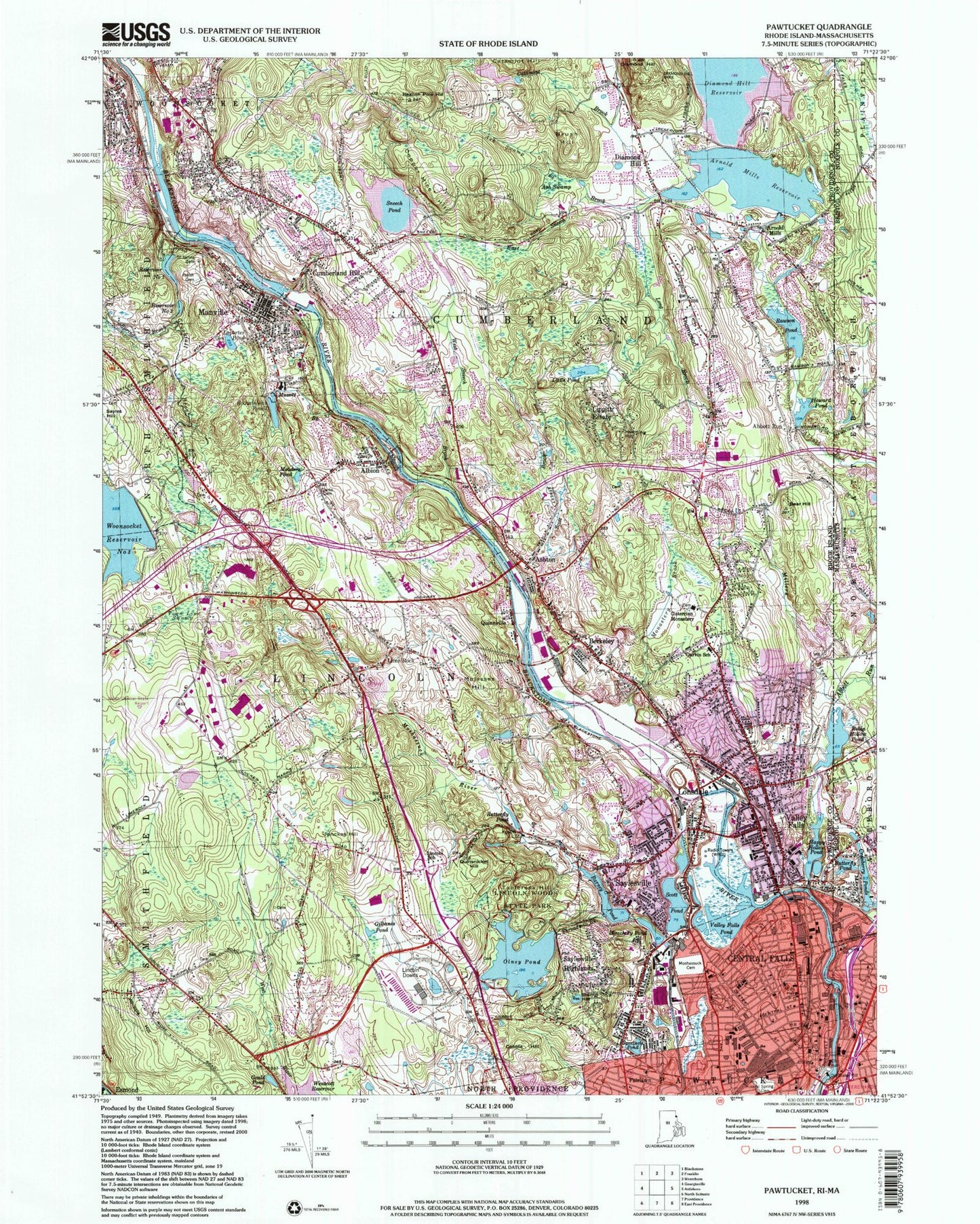 Classic USGS Pawtucket Rhode Island 7.5'x7.5' Topo Map Image