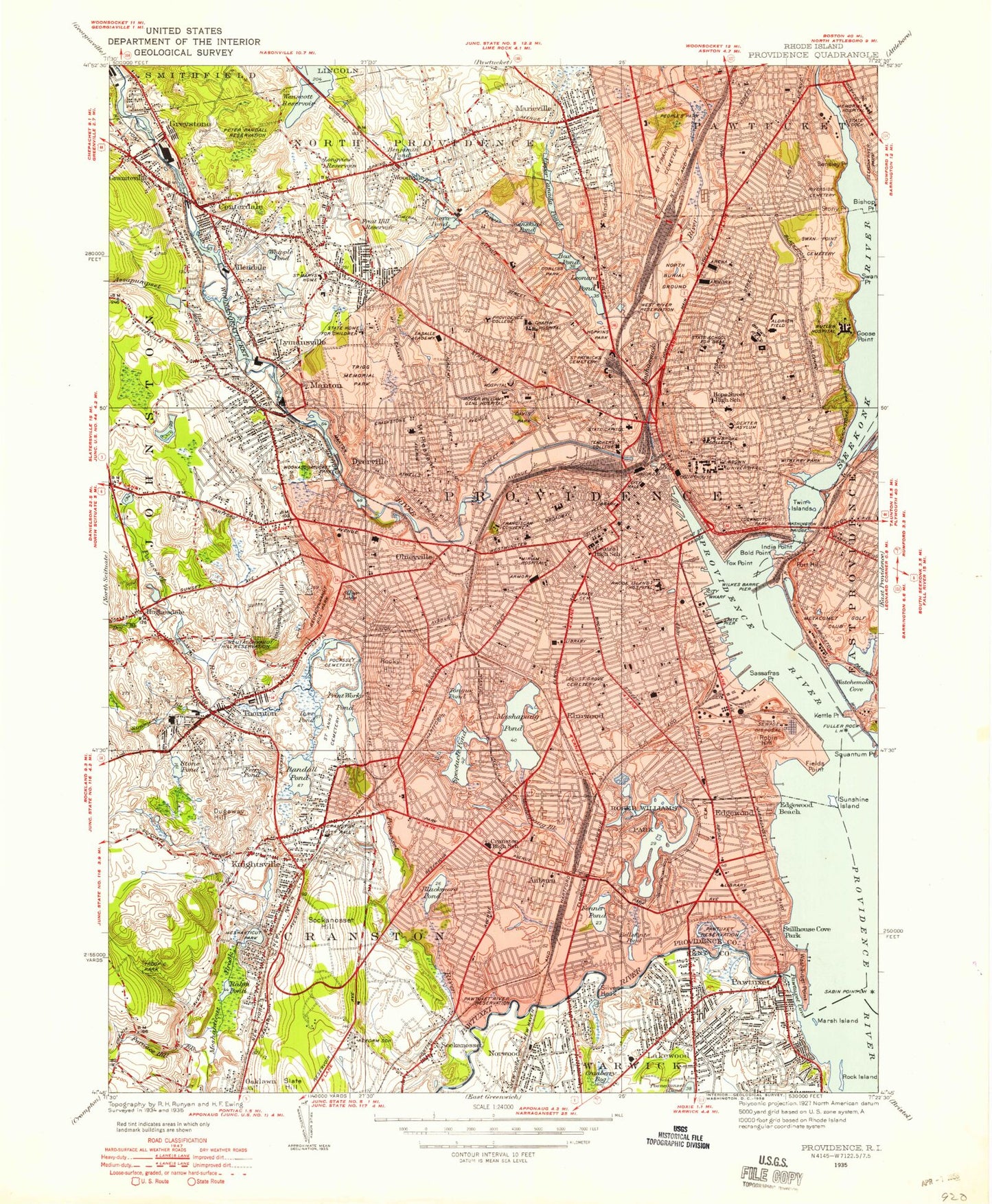 Classic USGS Providence Rhode Island 7.5'x7.5' Topo Map Image