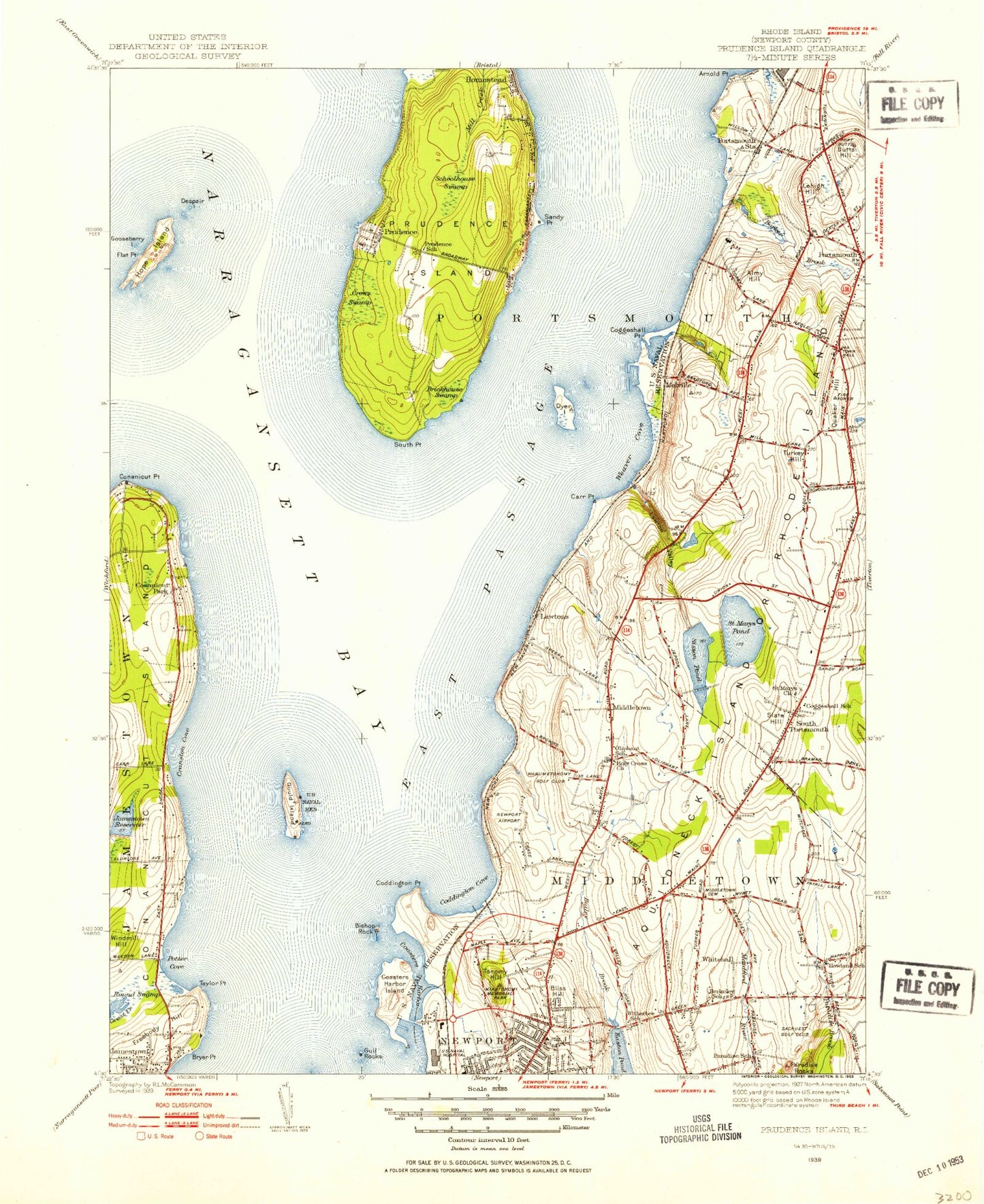 Classic USGS Prudence Island Rhode Island 7.5'x7.5' Topo Map Image
