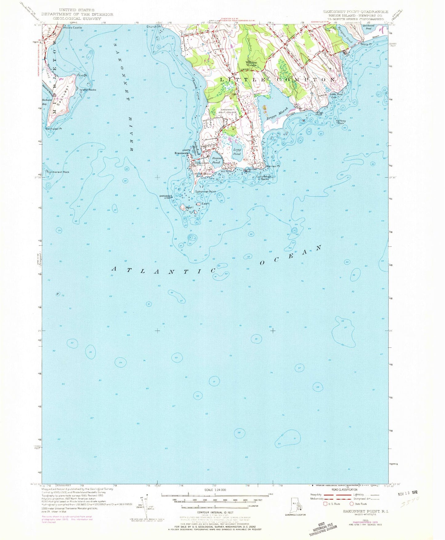 Classic USGS Sakonnet Point Rhode Island 7.5'x7.5' Topo Map Image