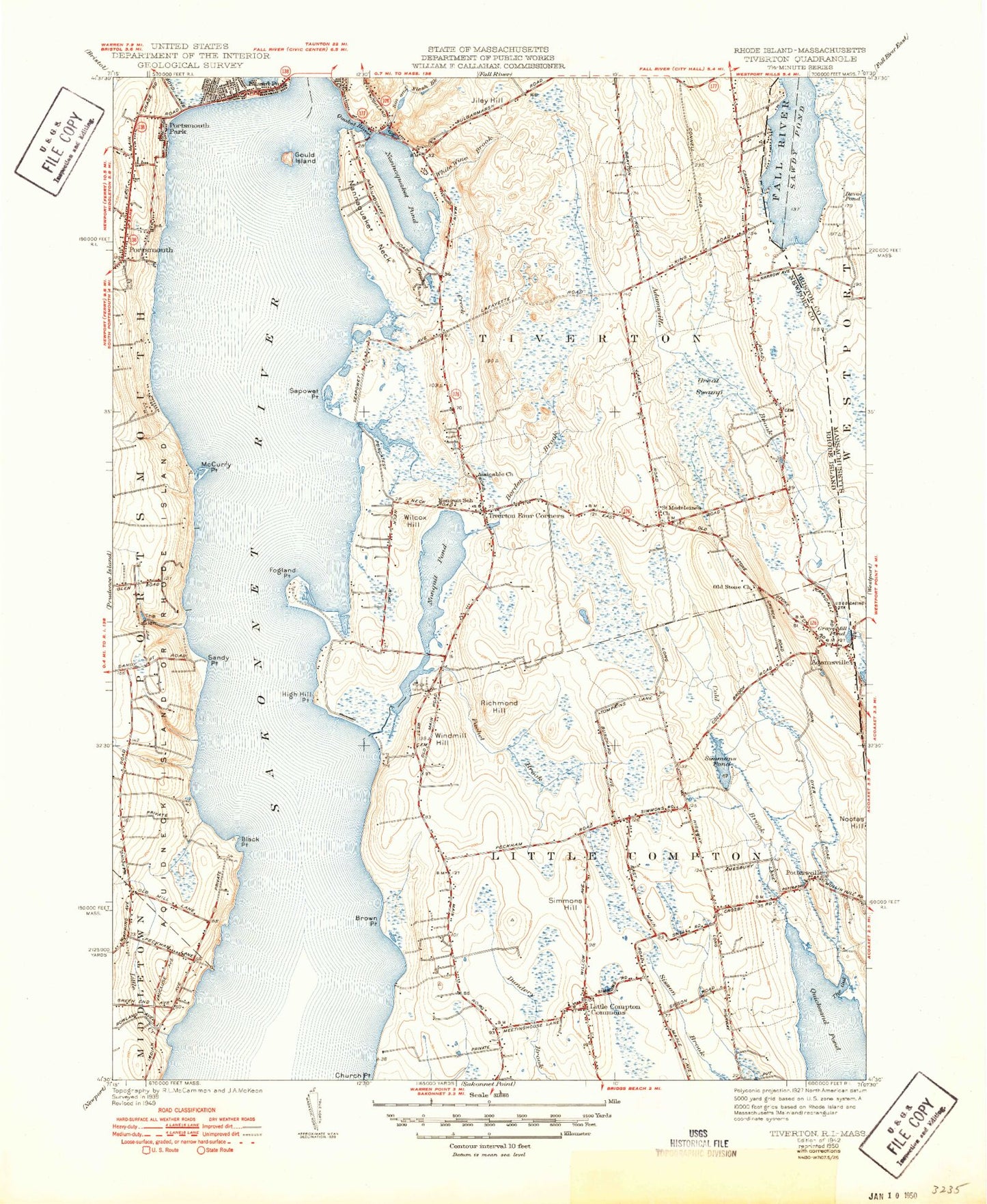Classic USGS Tiverton Rhode Island 7.5'x7.5' Topo Map Image