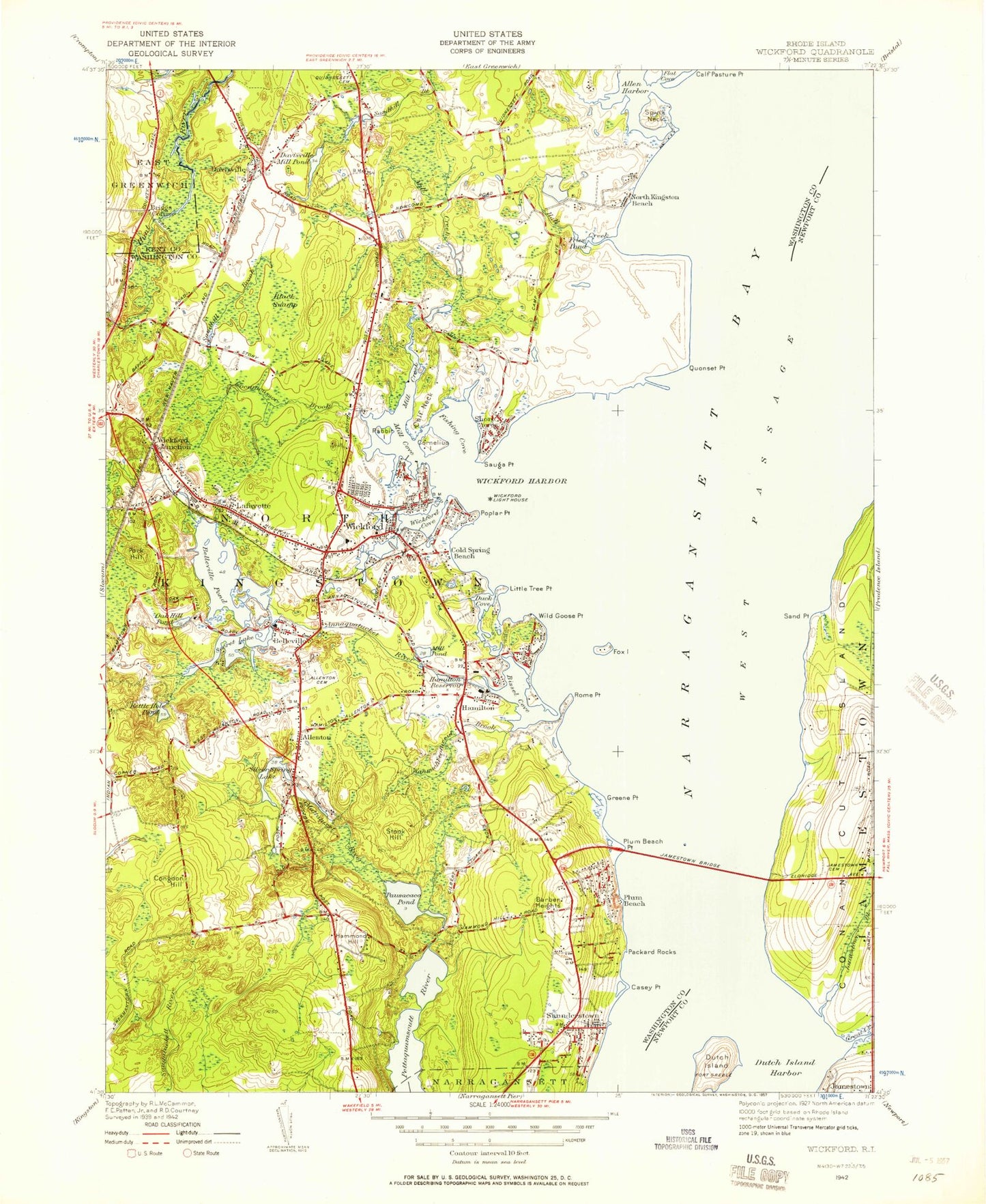 Classic USGS Wickford Rhode Island 7.5'x7.5' Topo Map Image