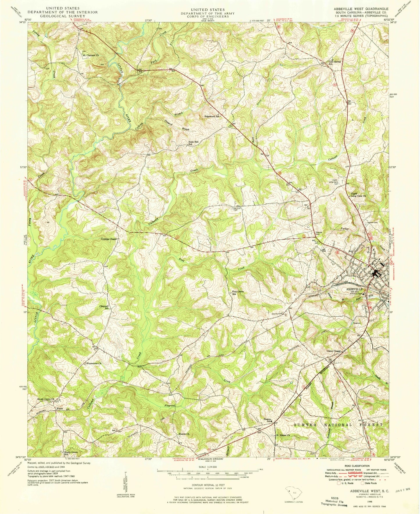 Classic USGS Abbeville West South Carolina 7.5'x7.5' Topo Map Image