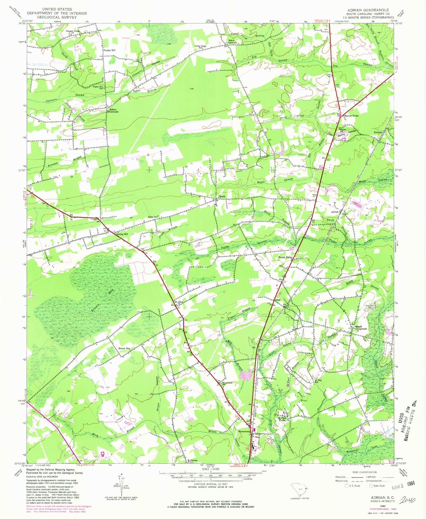Classic USGS Adrian South Carolina 7.5'x7.5' Topo Map Image