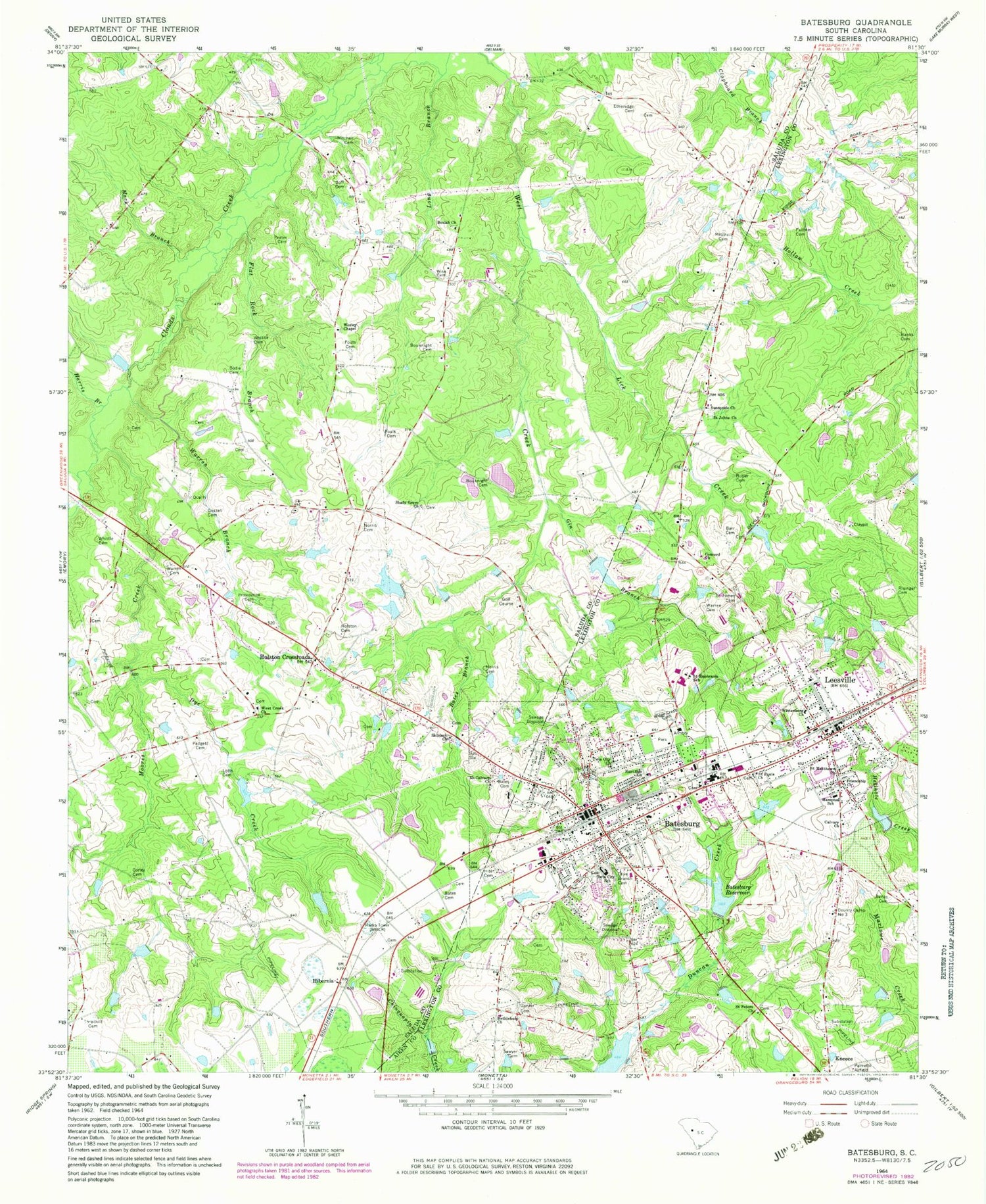 Classic USGS Batesburg South Carolina 7.5'x7.5' Topo Map Image