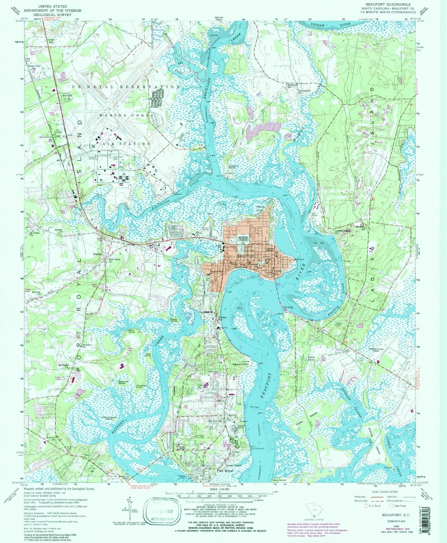 Classic USGS Beaufort South Carolina 7.5'x7.5' Topo Map Image
