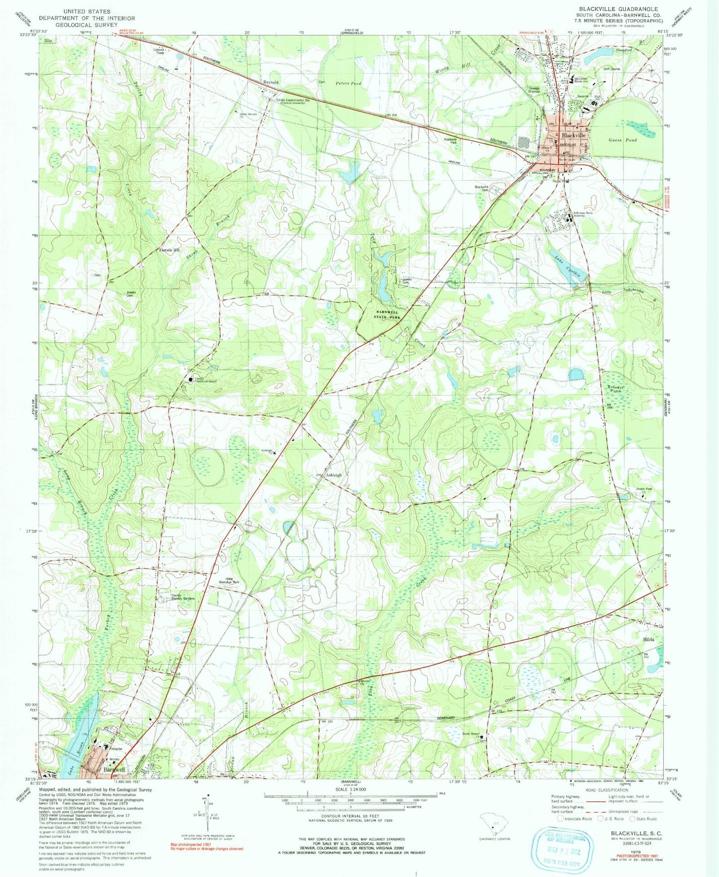 Classic USGS Blackville South Carolina 7.5'x7.5' Topo Map Image