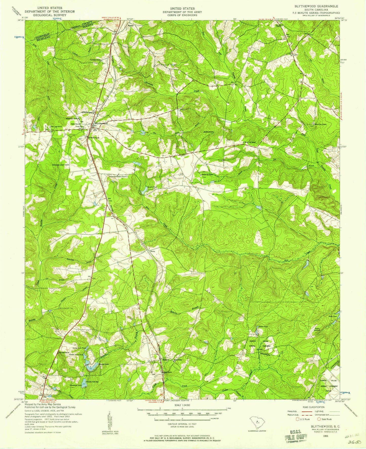Classic USGS Blythewood South Carolina 7.5'x7.5' Topo Map Image