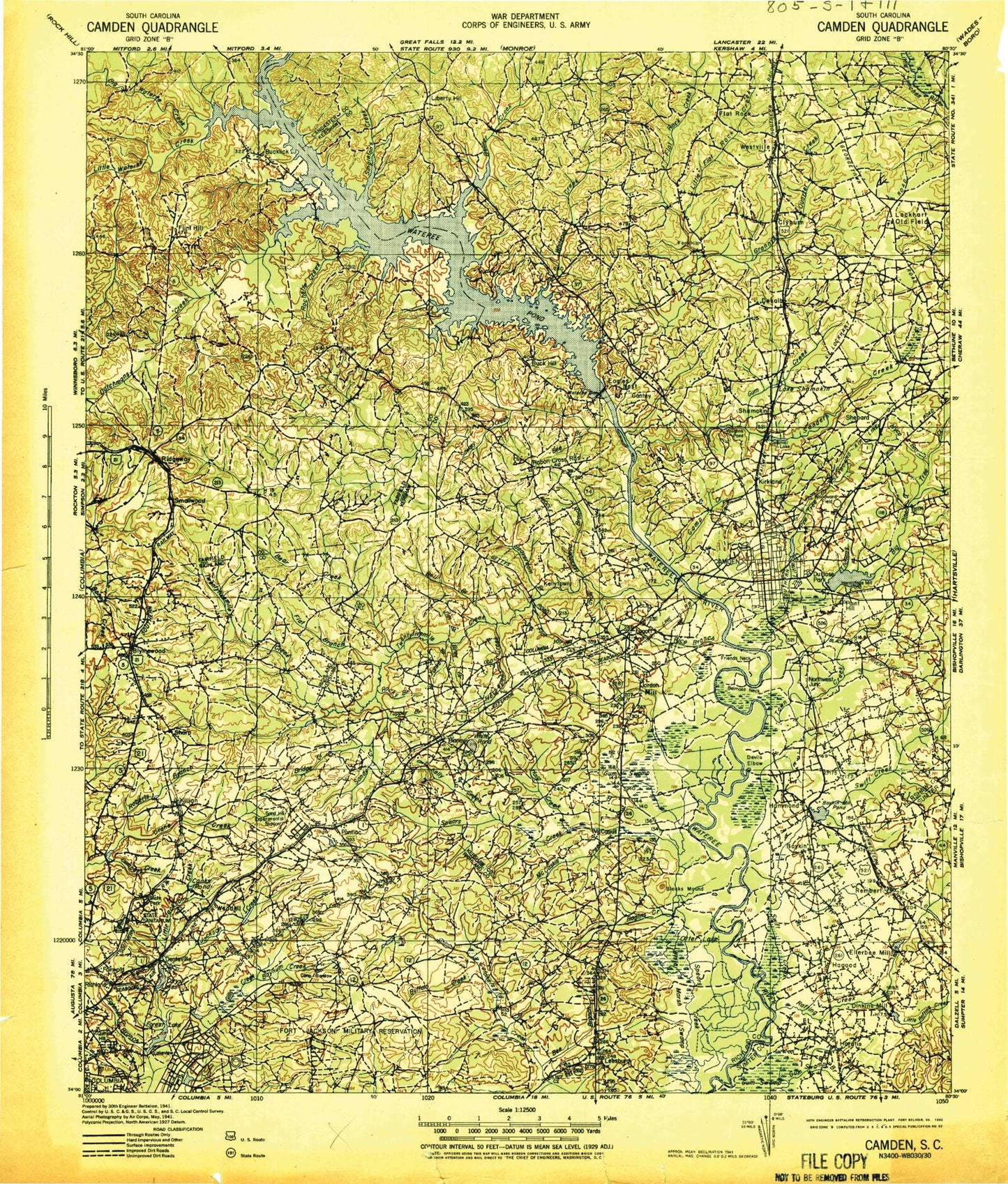 Historic 1942 Camden South Carolina 30'x30' Topo Map Image