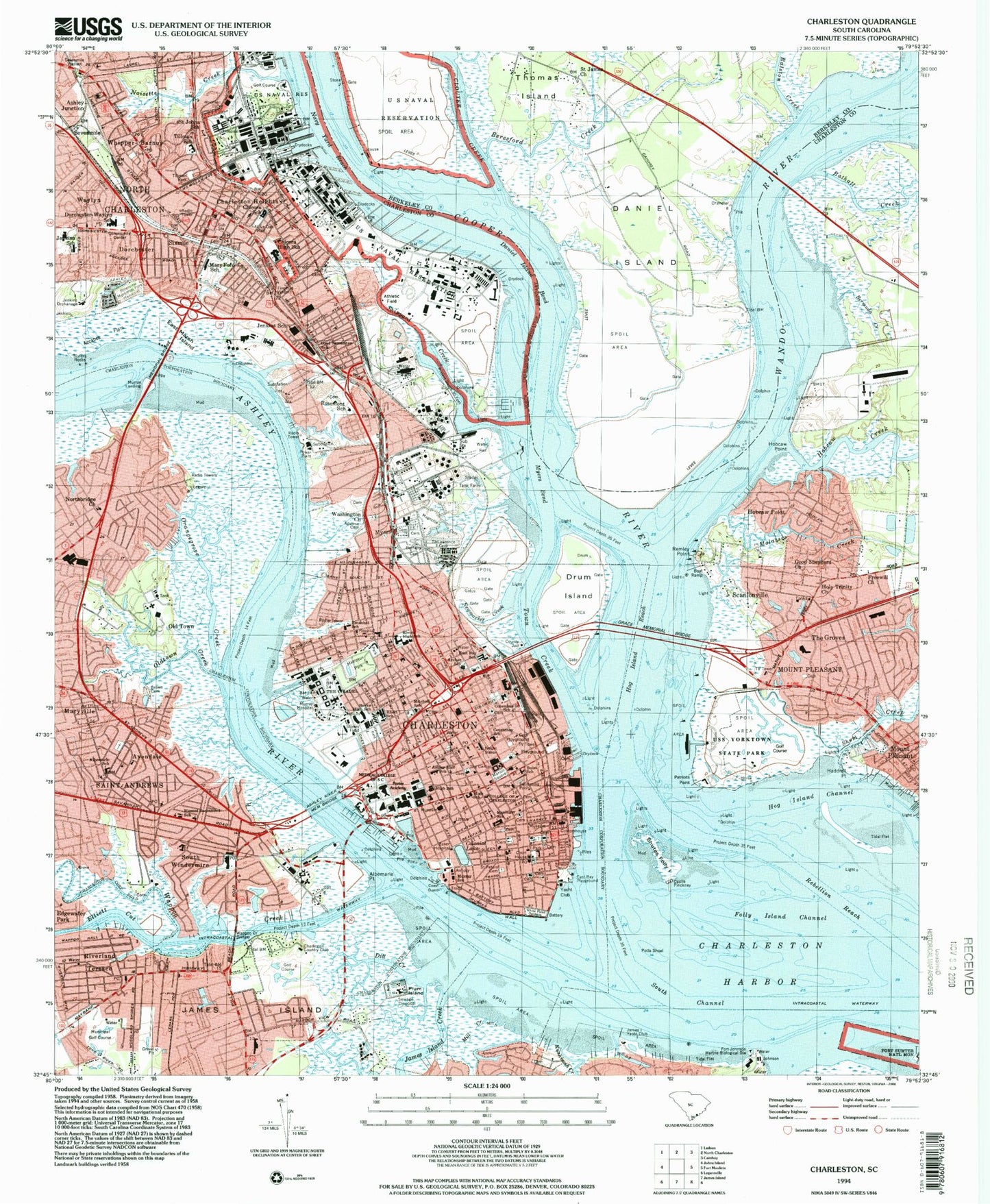 Classic USGS Charleston South Carolina 7.5'x7.5' Topo Map Image