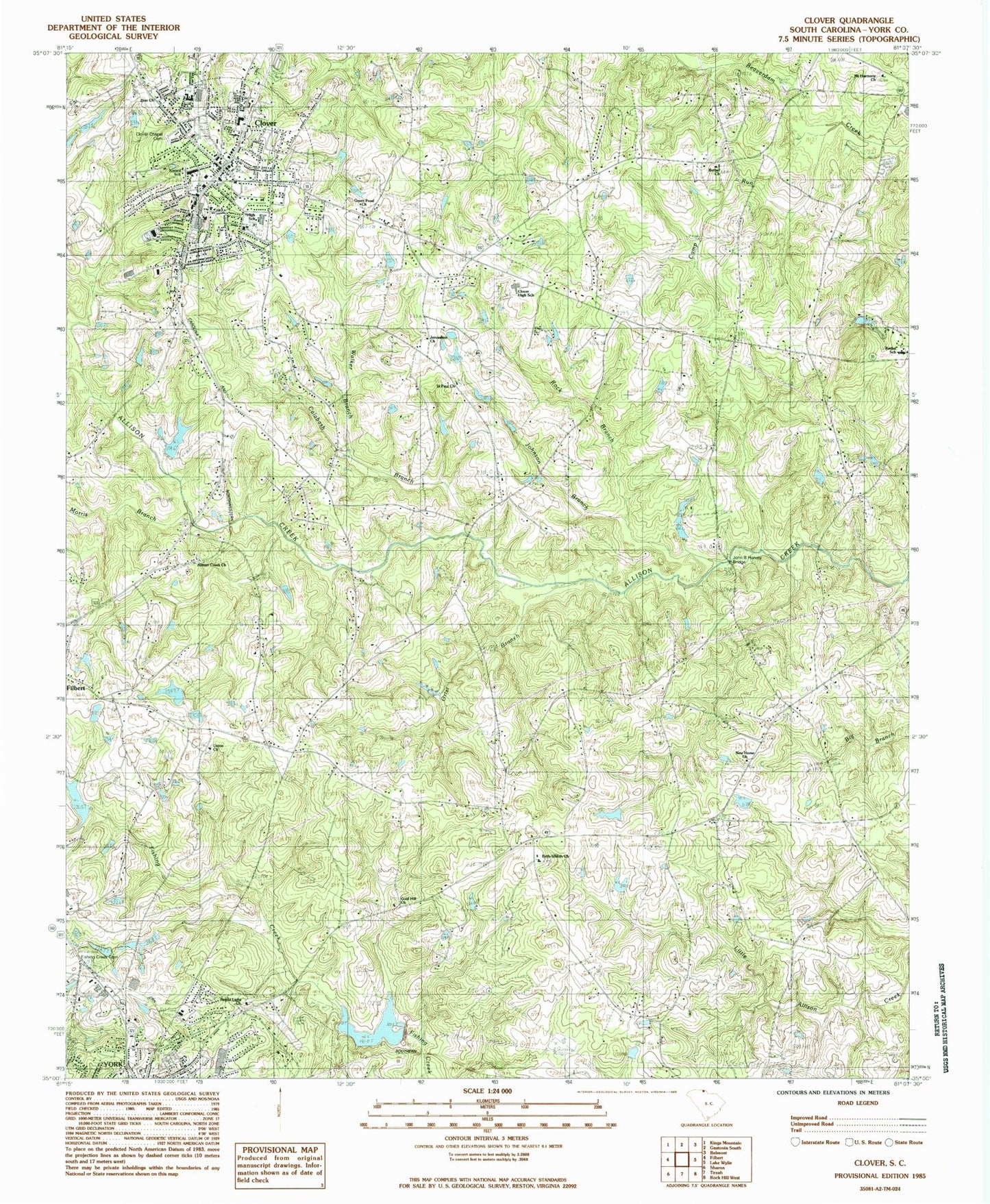 Classic USGS Clover South Carolina 7.5'x7.5' Topo Map Image