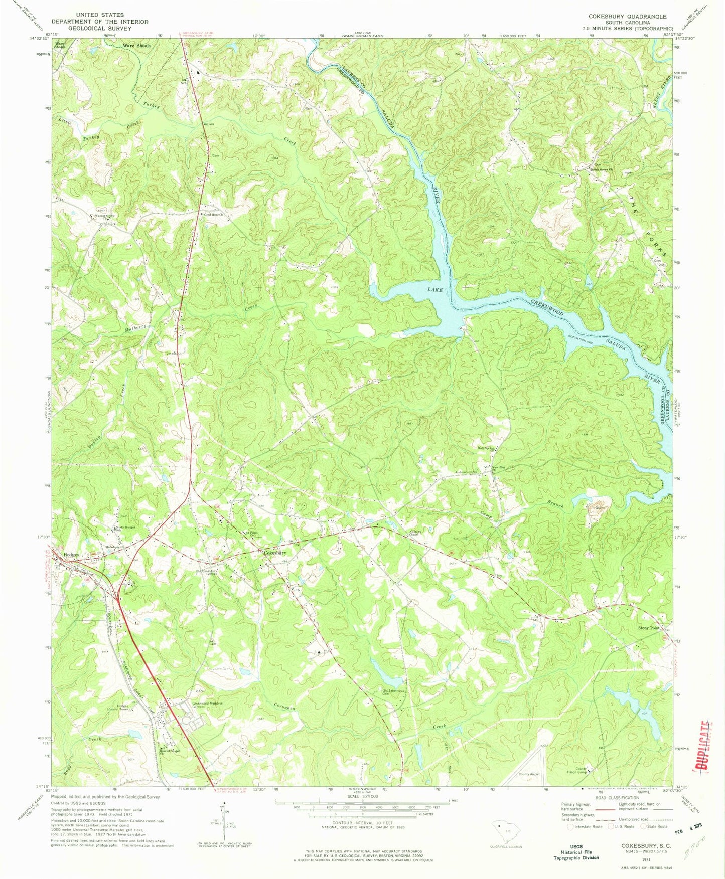 Classic USGS Cokesbury South Carolina 7.5'x7.5' Topo Map Image