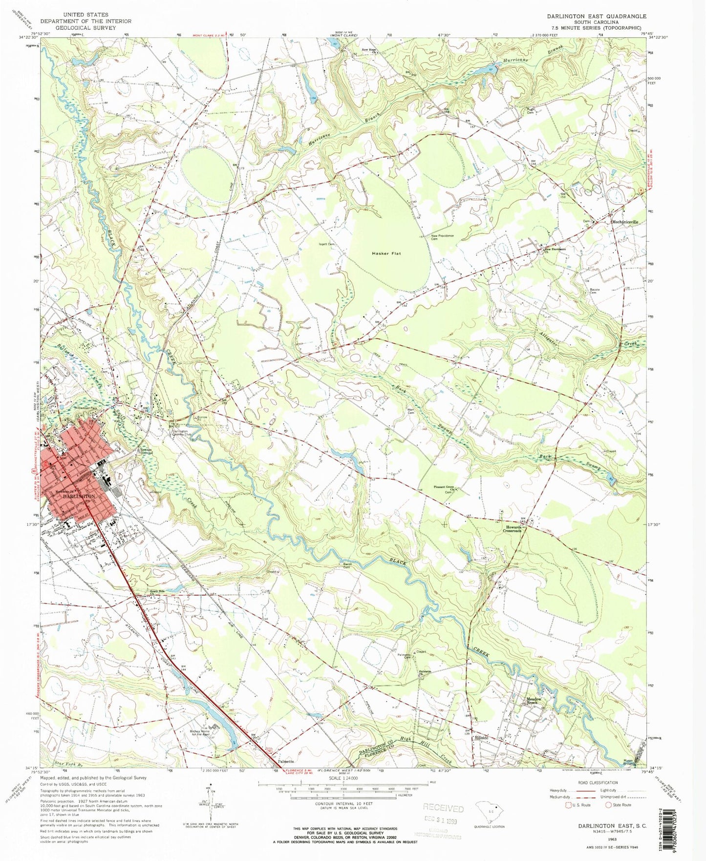 Classic USGS Darlington East South Carolina 7.5'x7.5' Topo Map Image