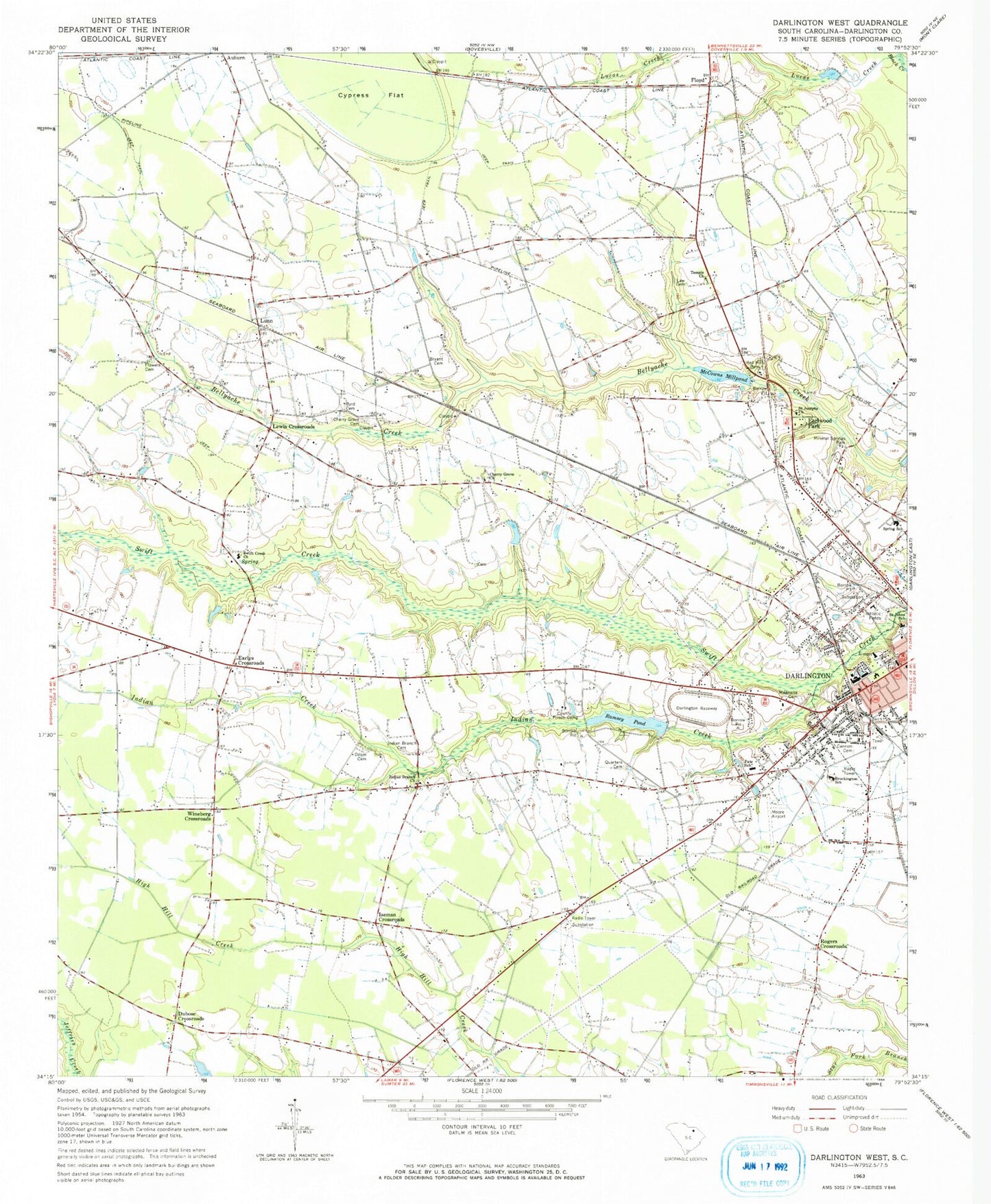 Classic USGS Darlington West South Carolina 7.5'x7.5' Topo Map Image