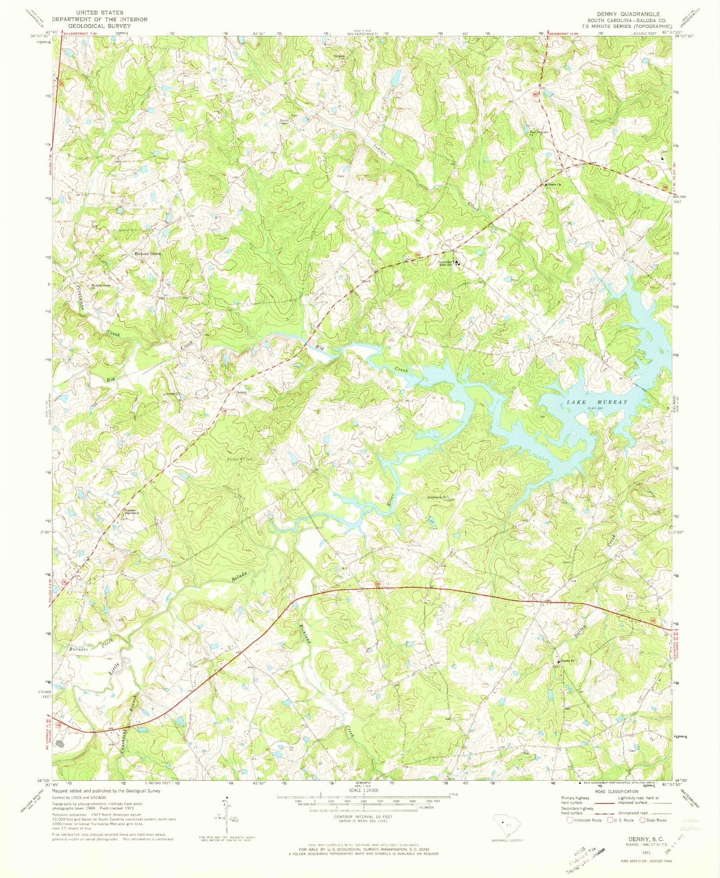 Classic USGS Denny South Carolina 7.5'x7.5' Topo Map Image