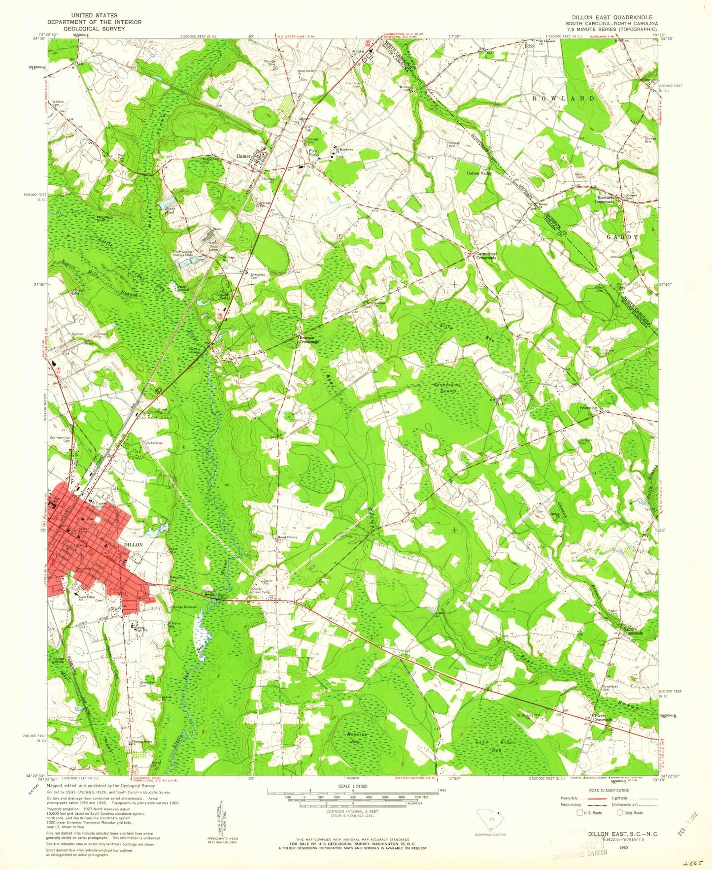 Classic USGS Dillon East South Carolina 7.5'x7.5' Topo Map Image