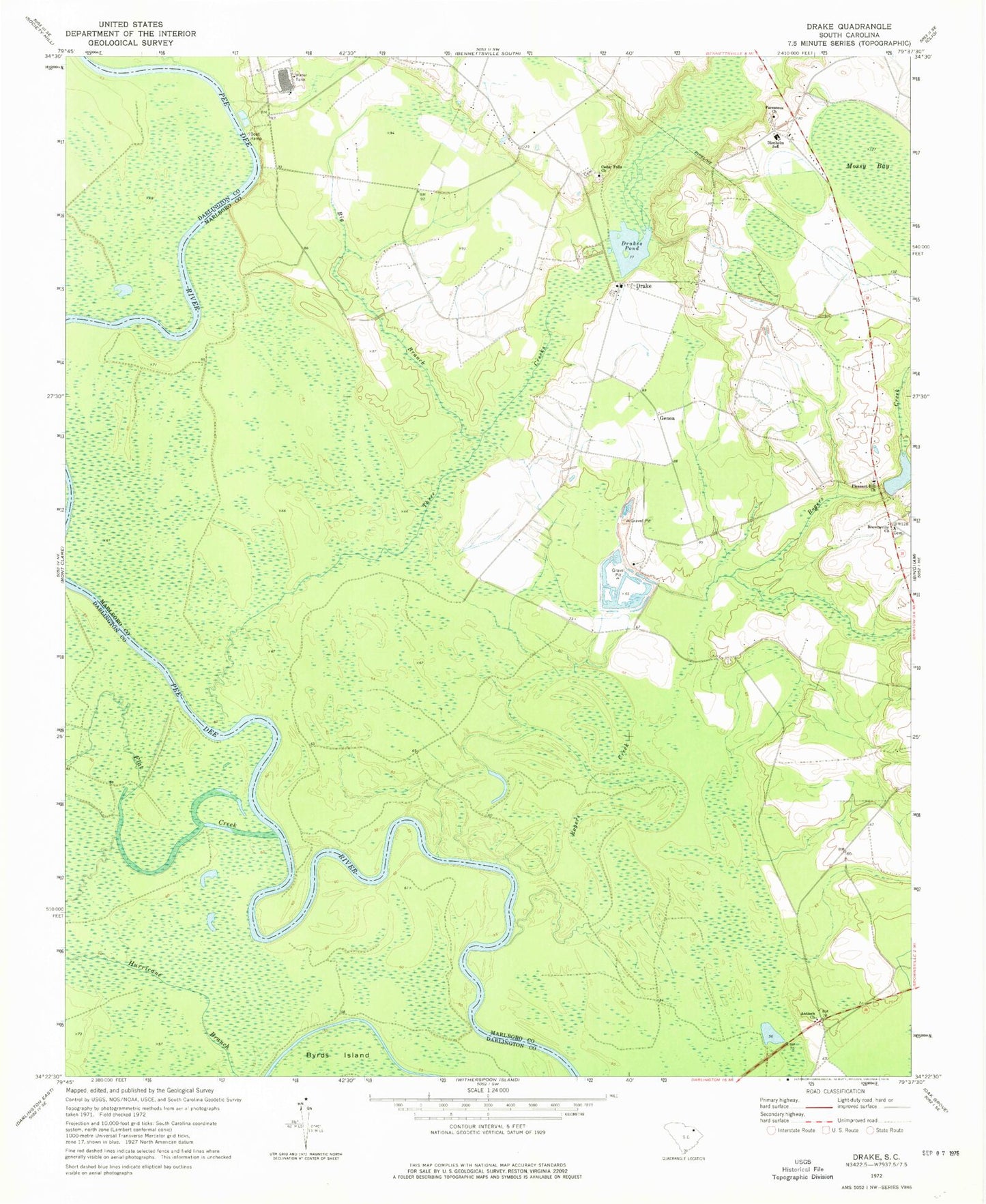 Classic USGS Drake South Carolina 7.5'x7.5' Topo Map Image