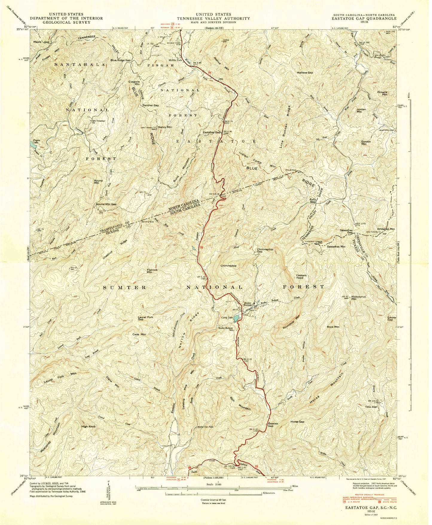 Classic USGS Eastatoe Gap North Carolina 7.5'x7.5' Topo Map Image
