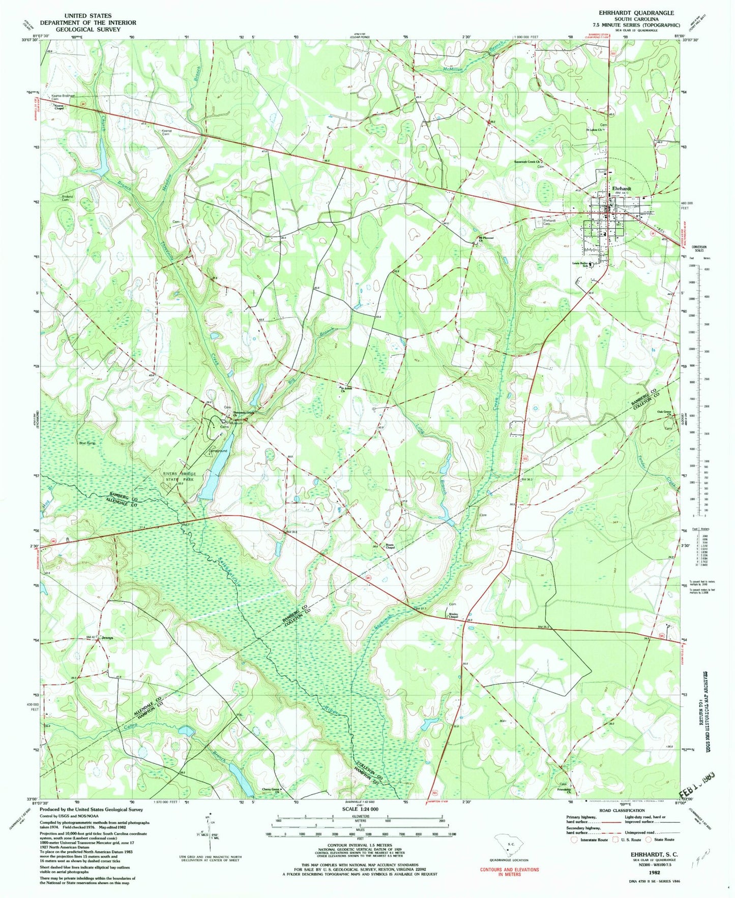 Classic USGS Ehrhardt South Carolina 7.5'x7.5' Topo Map Image