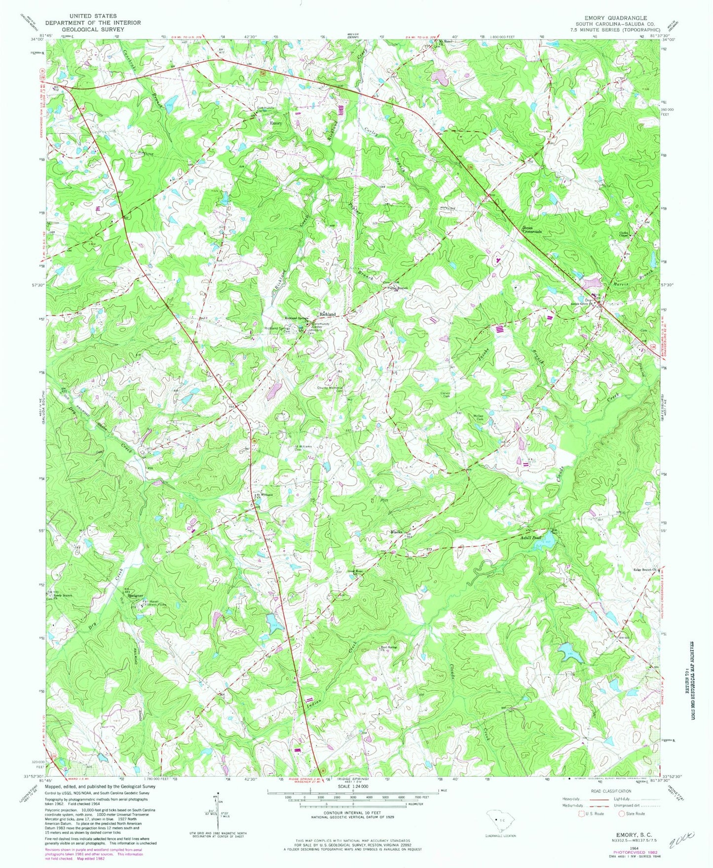 Classic USGS Emory South Carolina 7.5'x7.5' Topo Map Image