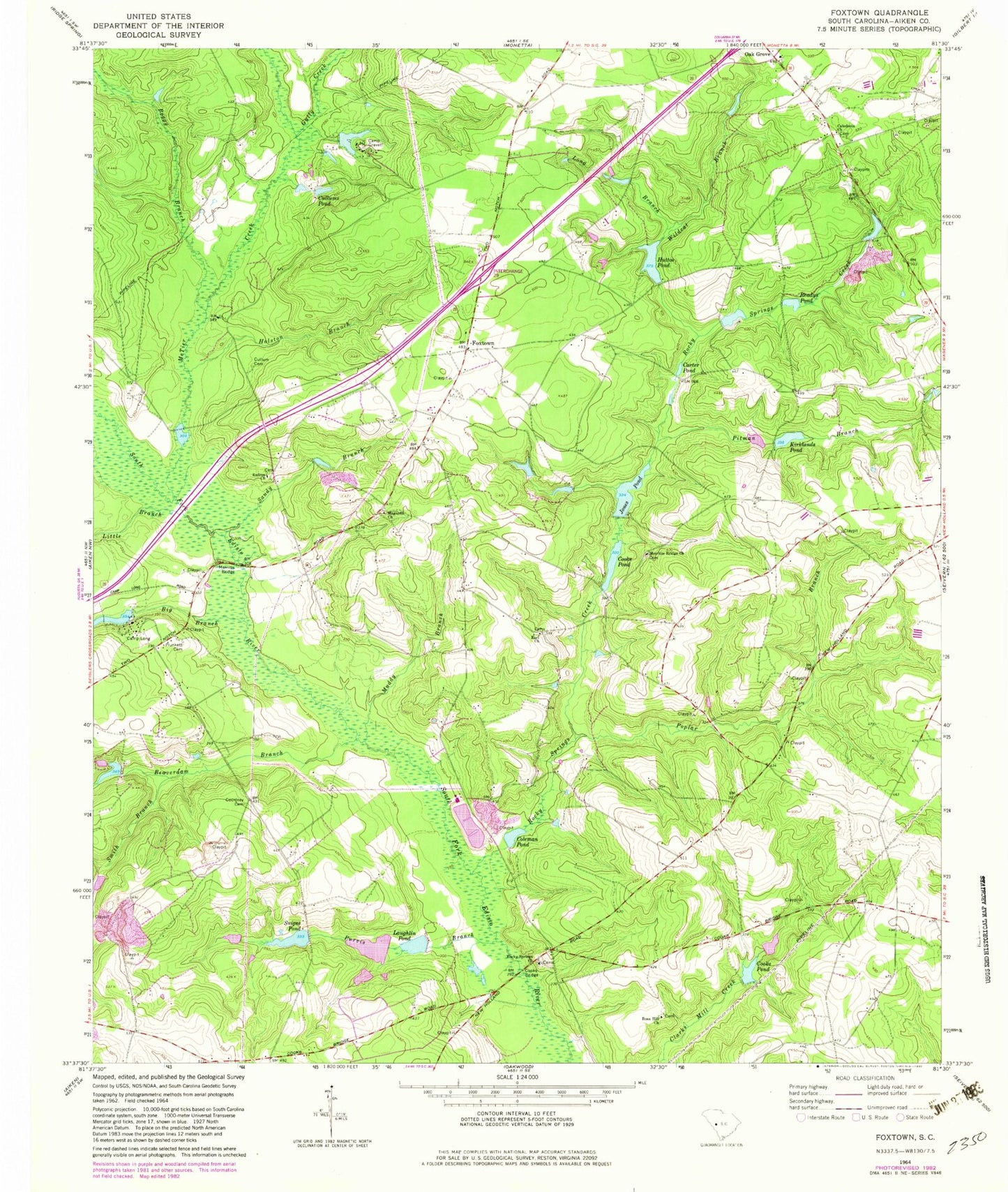 Classic USGS Foxtown South Carolina 7.5'x7.5' Topo Map Image