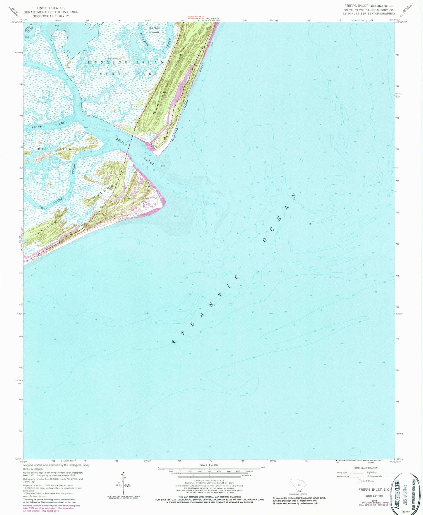 Classic USGS Fripp Inlet South Carolina 7.5'x7.5' Topo Map Image