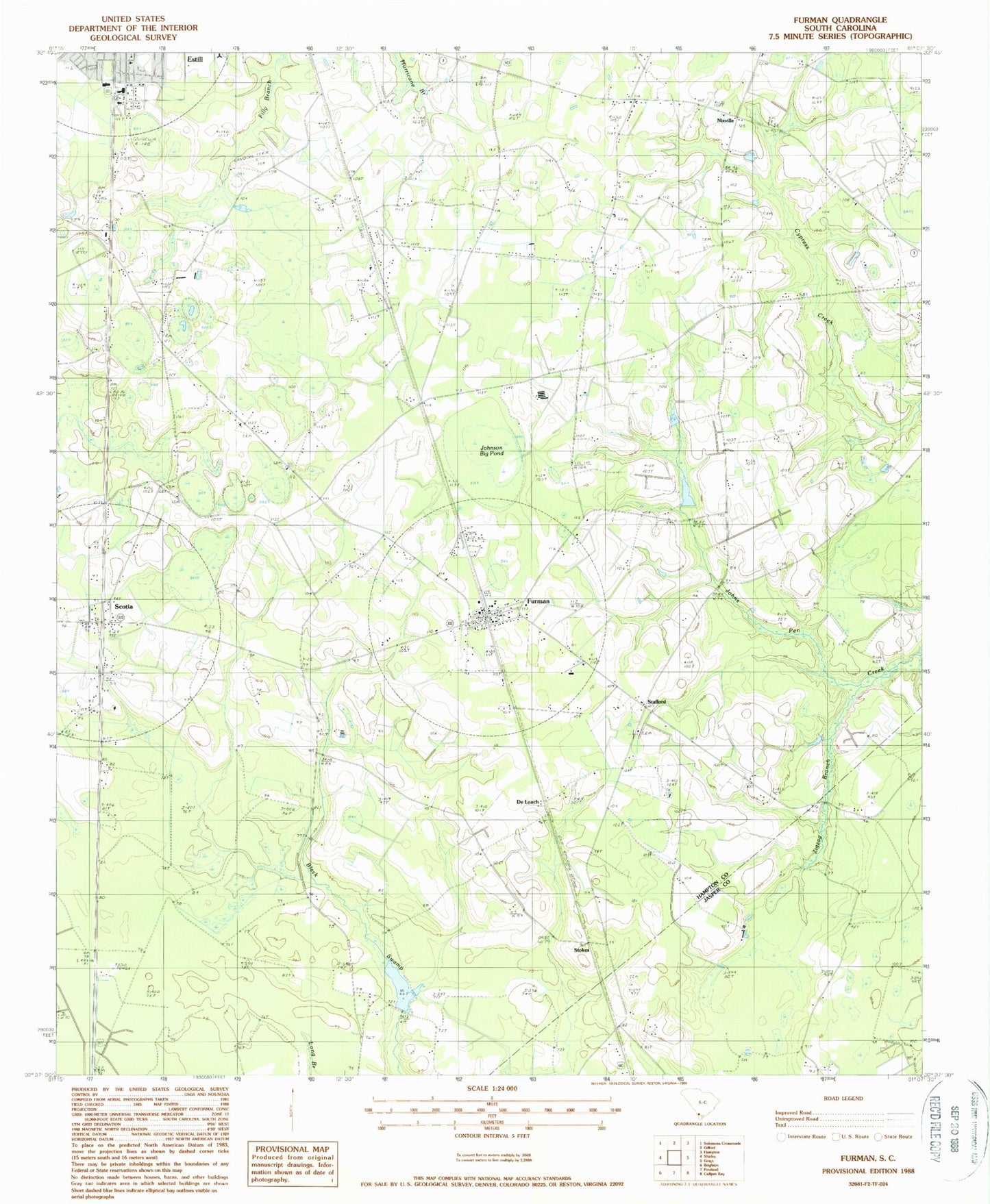 Classic USGS Furman South Carolina 7.5'x7.5' Topo Map Image
