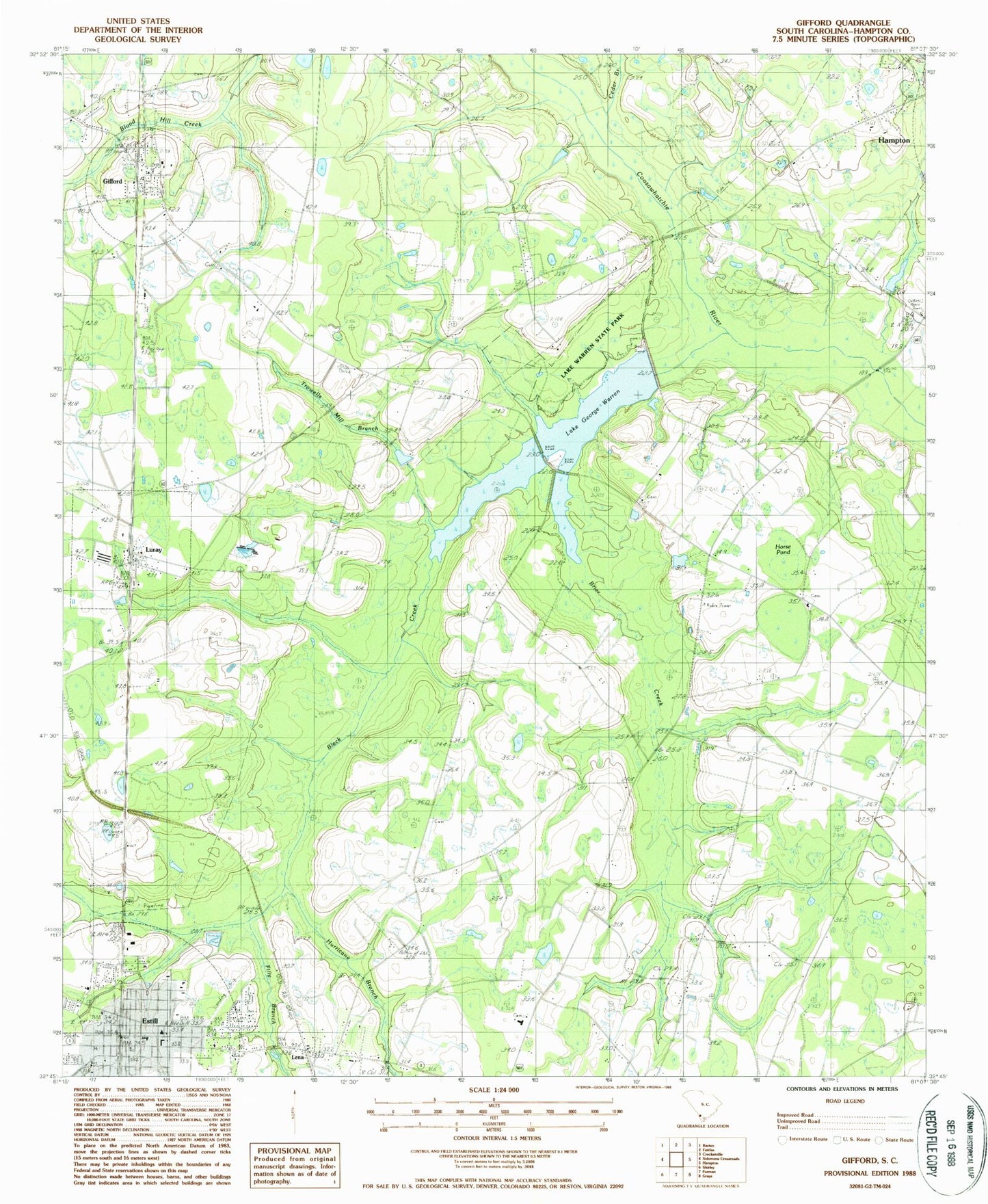 Classic USGS Gifford South Carolina 7.5'x7.5' Topo Map Image