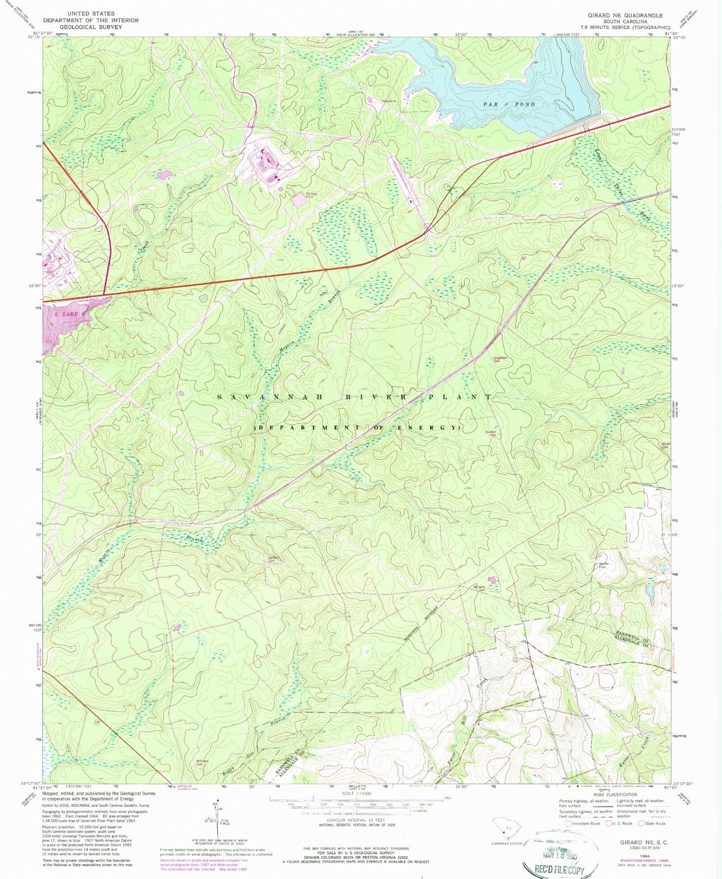 Classic USGS Girard NE South Carolina 7.5'x7.5' Topo Map Image