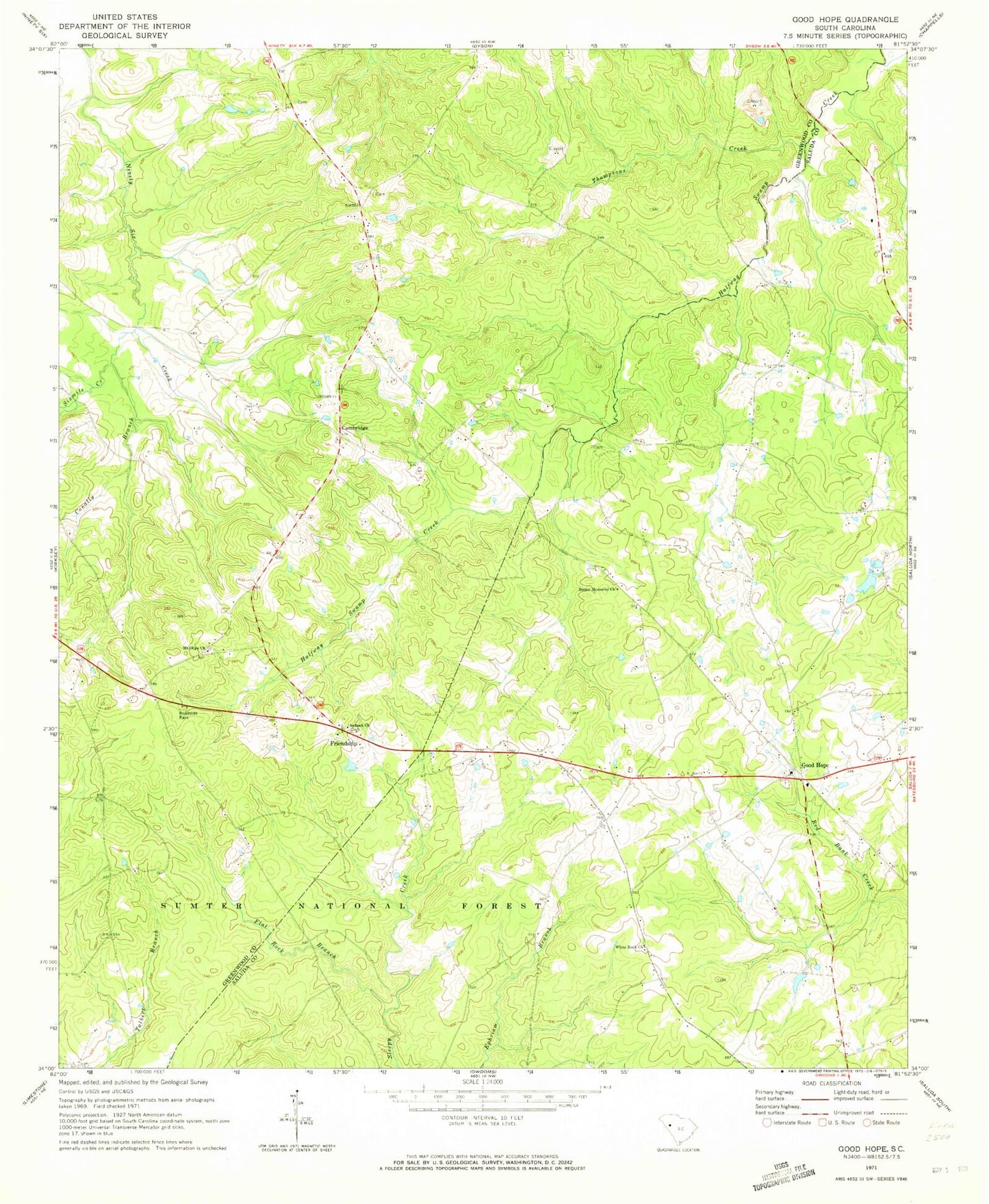 Classic USGS Good Hope South Carolina 7.5'x7.5' Topo Map Image