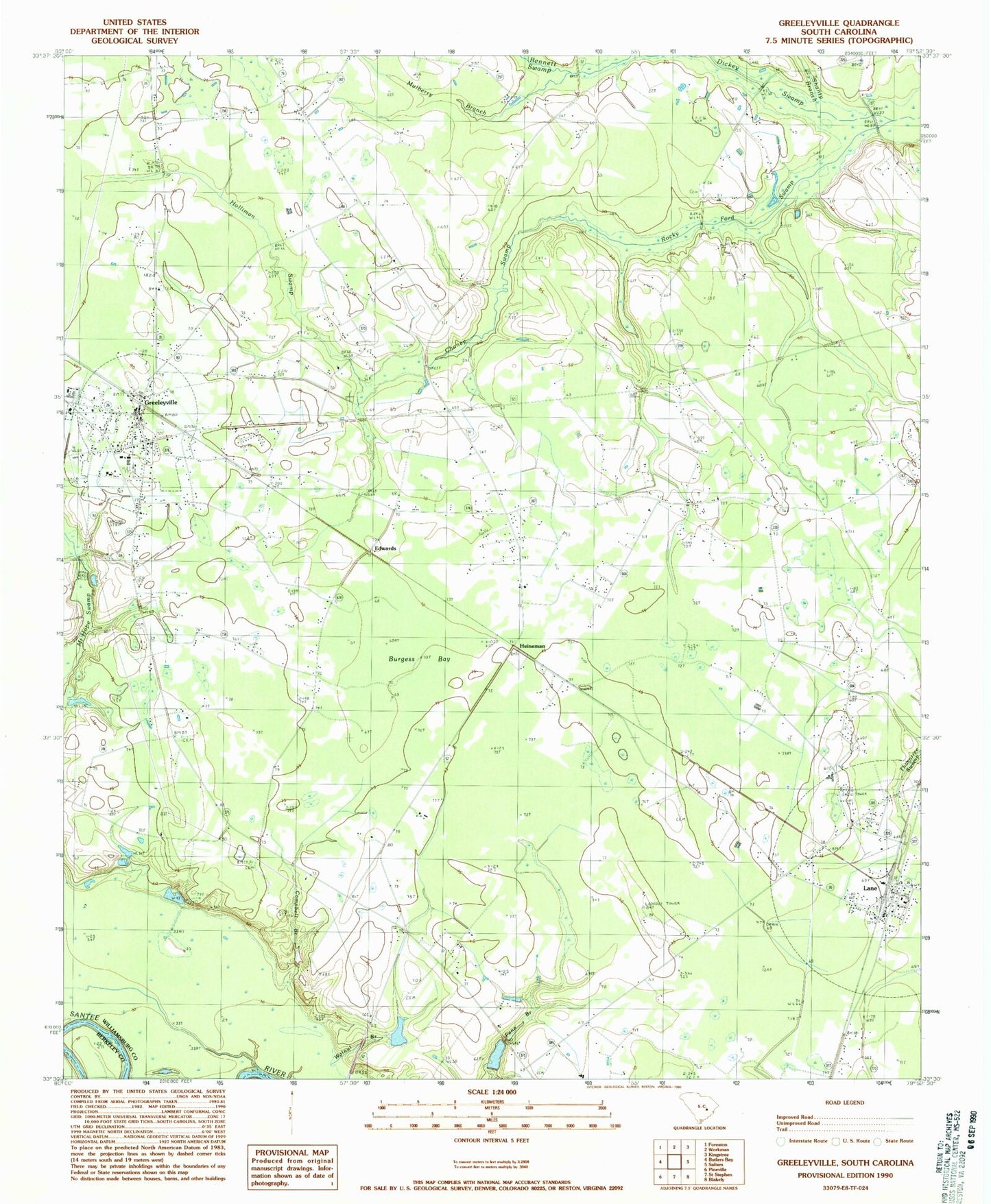 Classic USGS Greeleyville South Carolina 7.5'x7.5' Topo Map Image