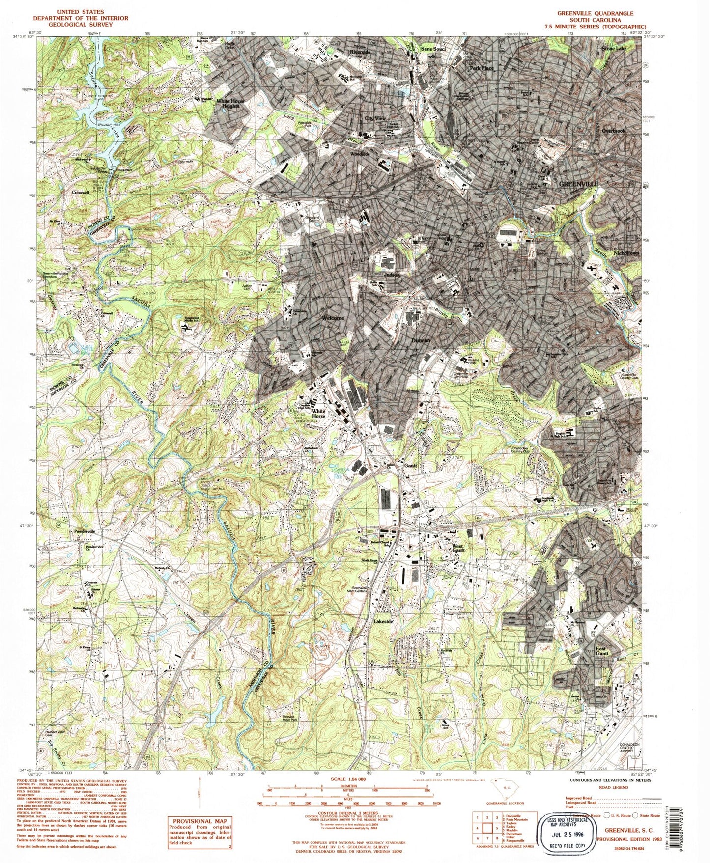 Classic USGS Greenville South Carolina 7.5'x7.5' Topo Map Image