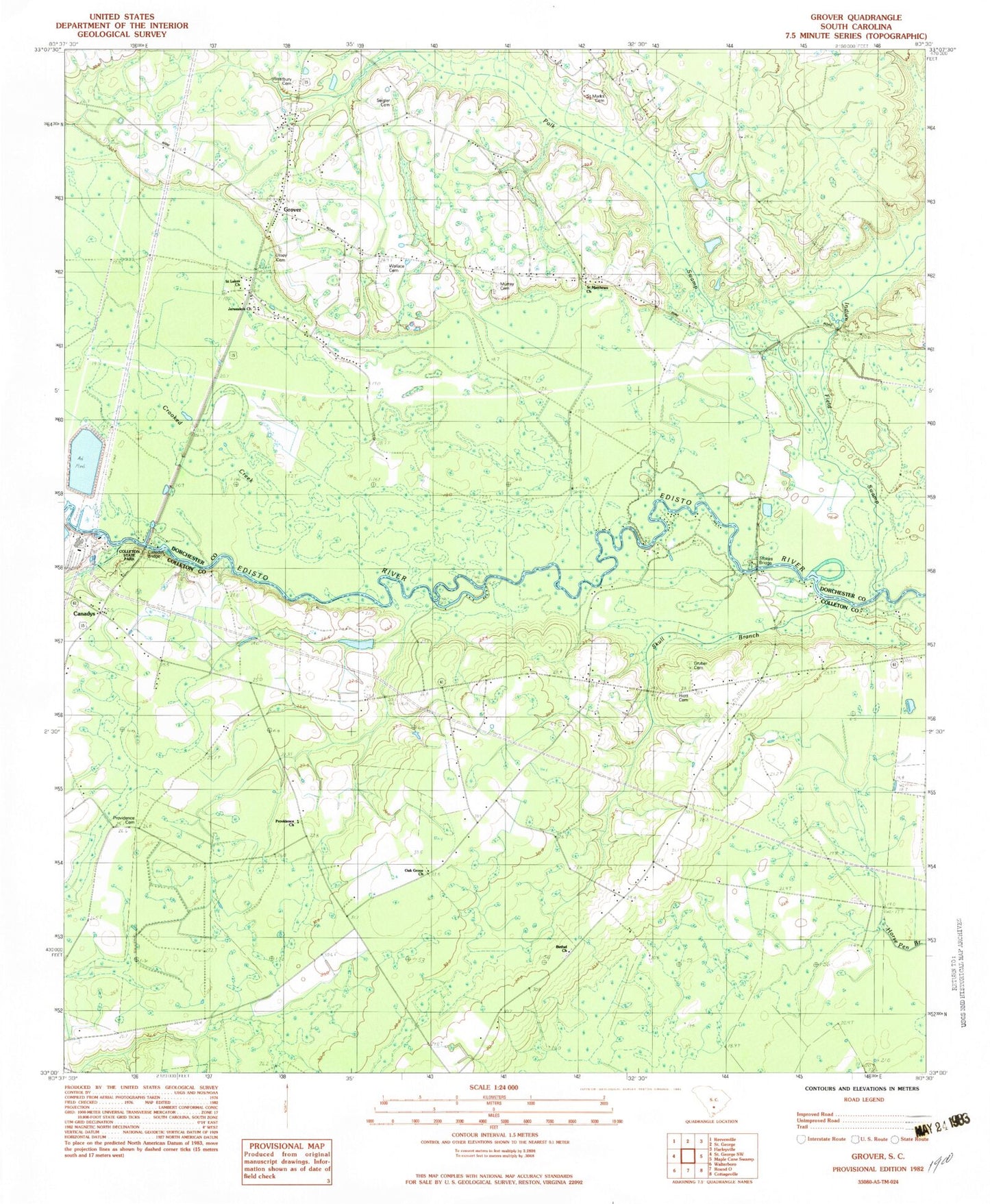 Classic USGS Canadys South Carolina 7.5'x7.5' Topo Map Image